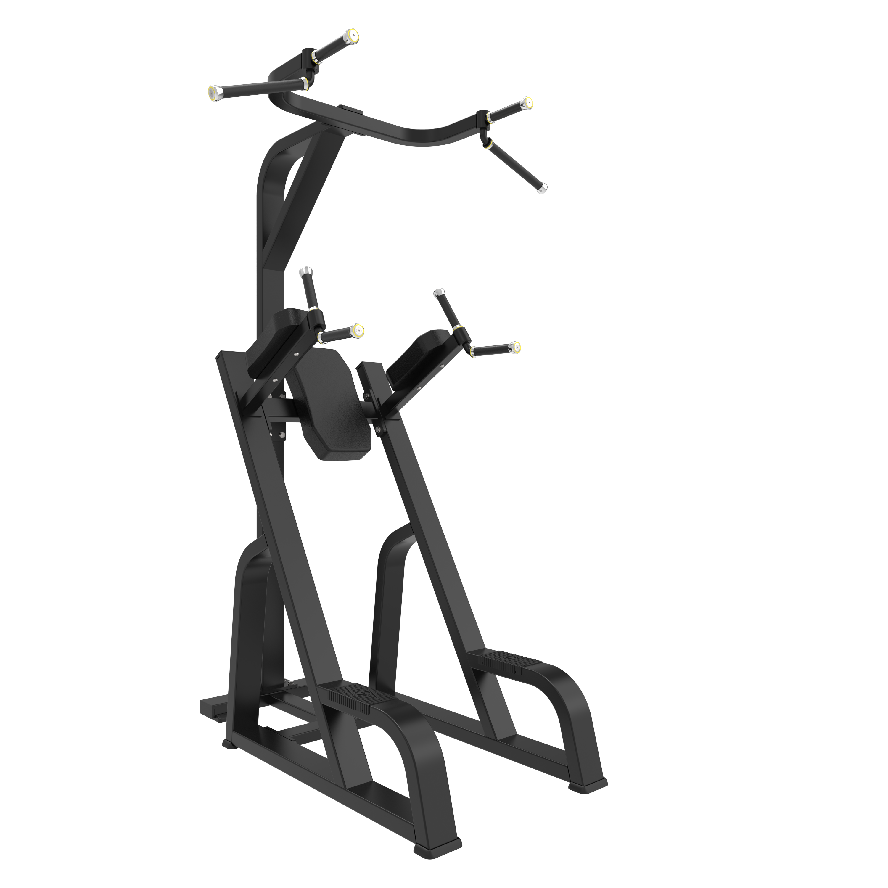 The BefitNow Canada TB80 Chin Up/Dip & Knee Up is a black metal gym machine for upper body exercises, featuring padded arm/back supports, angled handles, and sturdy base. Dimensions: 58"x54"x87"; Weight: 196lbs.