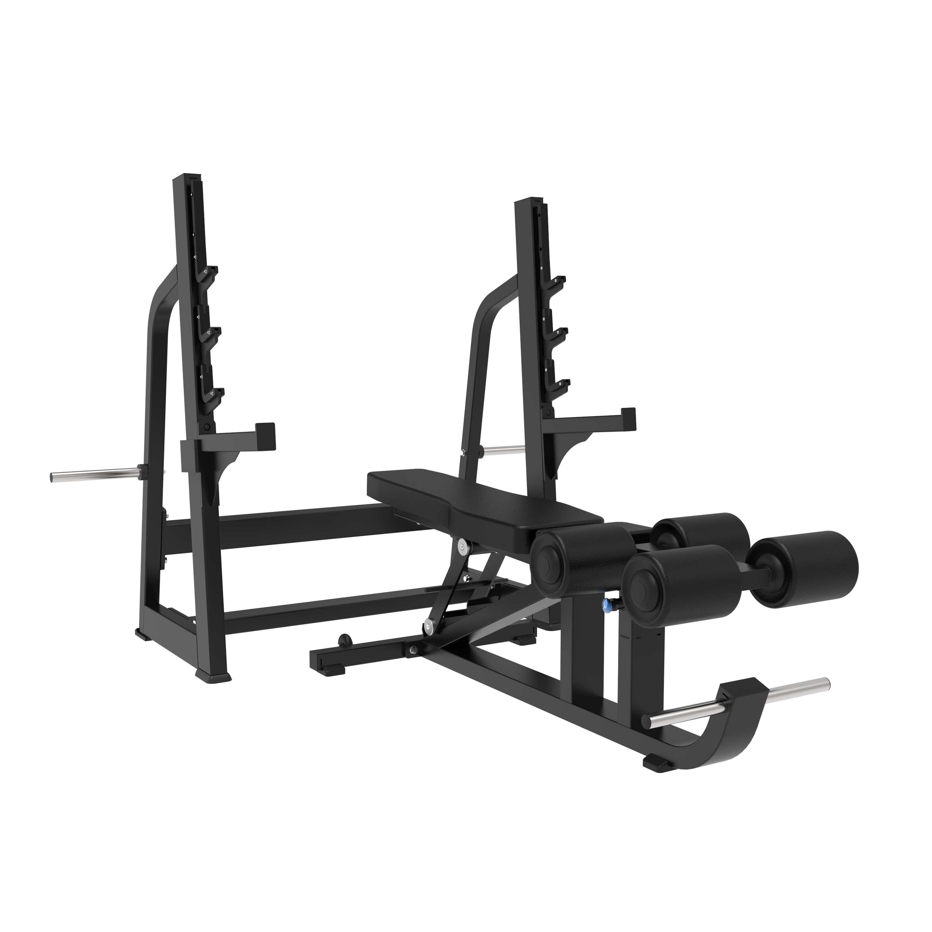 The BefitNow Canada TB86 Flat/Incline/Decline Bench Press is a black adjustable bench with barbell racks and padded leg rollers for bench press and leg exercises, measuring 63"x30"x23" and supporting up to 309 lbs, shown on a plain white background.