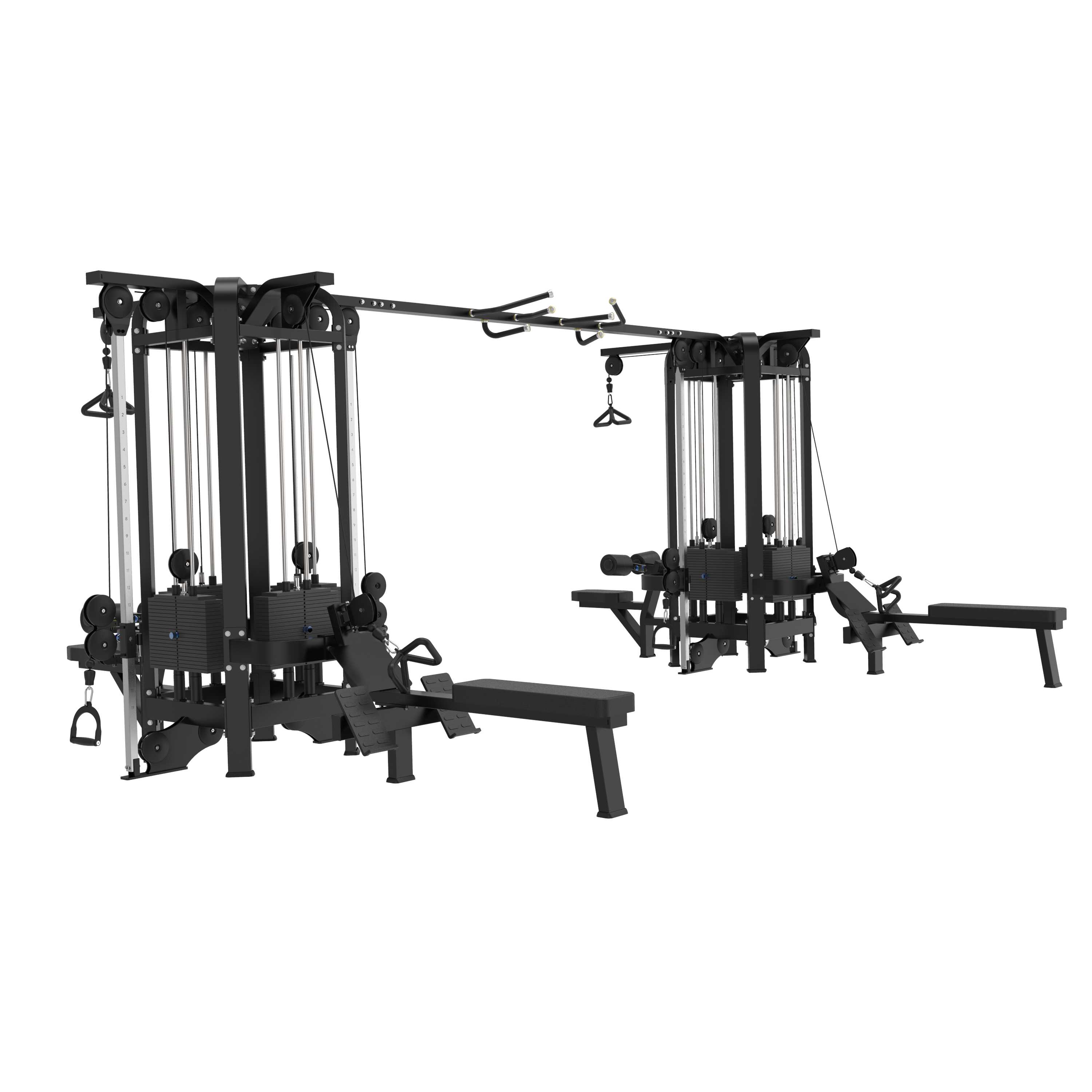 Two black BefitNow Canada TB90 Multi Jungle 8 Station gym machines with attached benches, weight stacks, pulleys, cables, and handles for strength training are set against a plain white background.