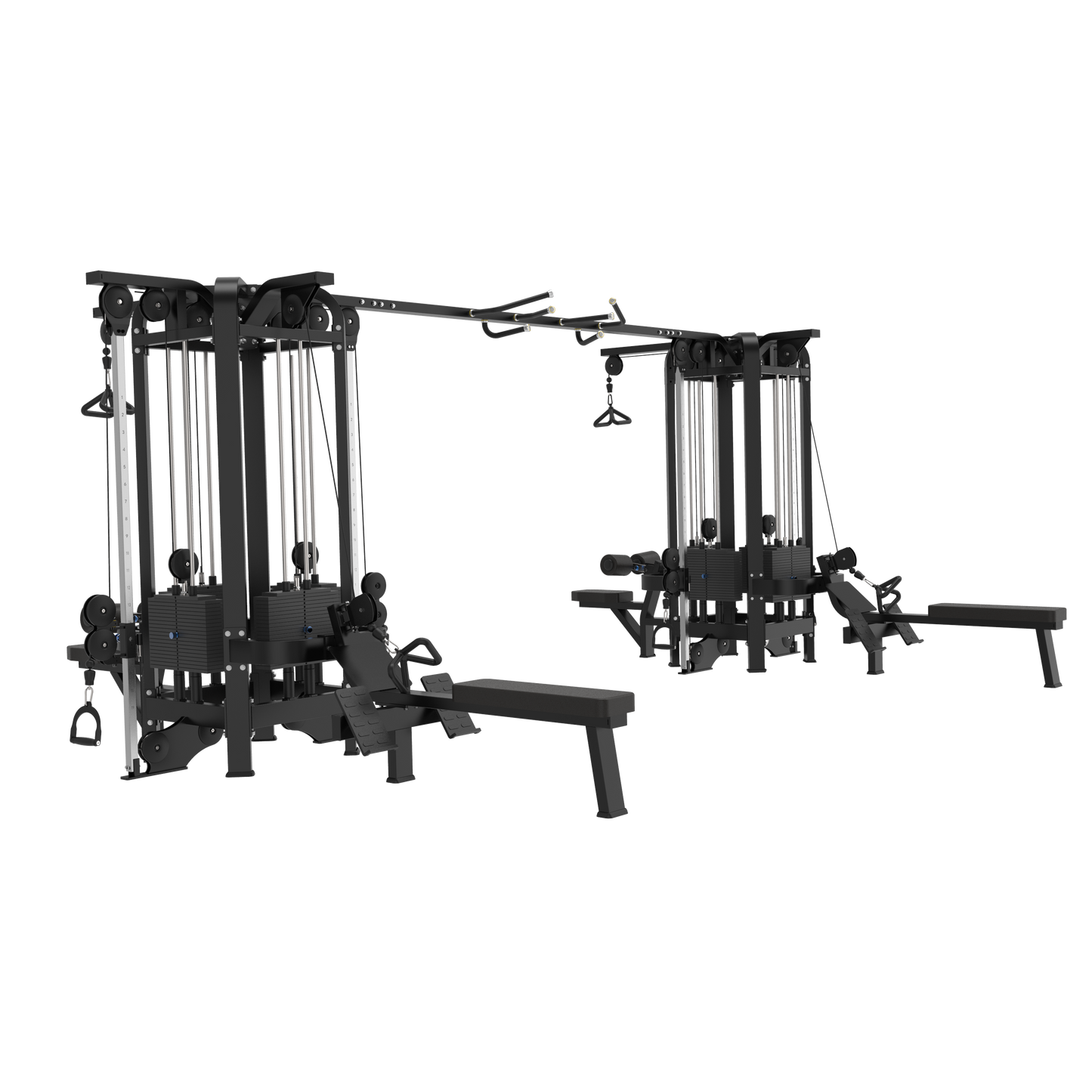 The BefitNow Canada AR90 Multi Jungle 8 Station features weight stacks totaling 2976 lbs, attached benches, pulleys, and various handles for strength training, set against a plain white background; overall dimensions: 223"x145"x90".