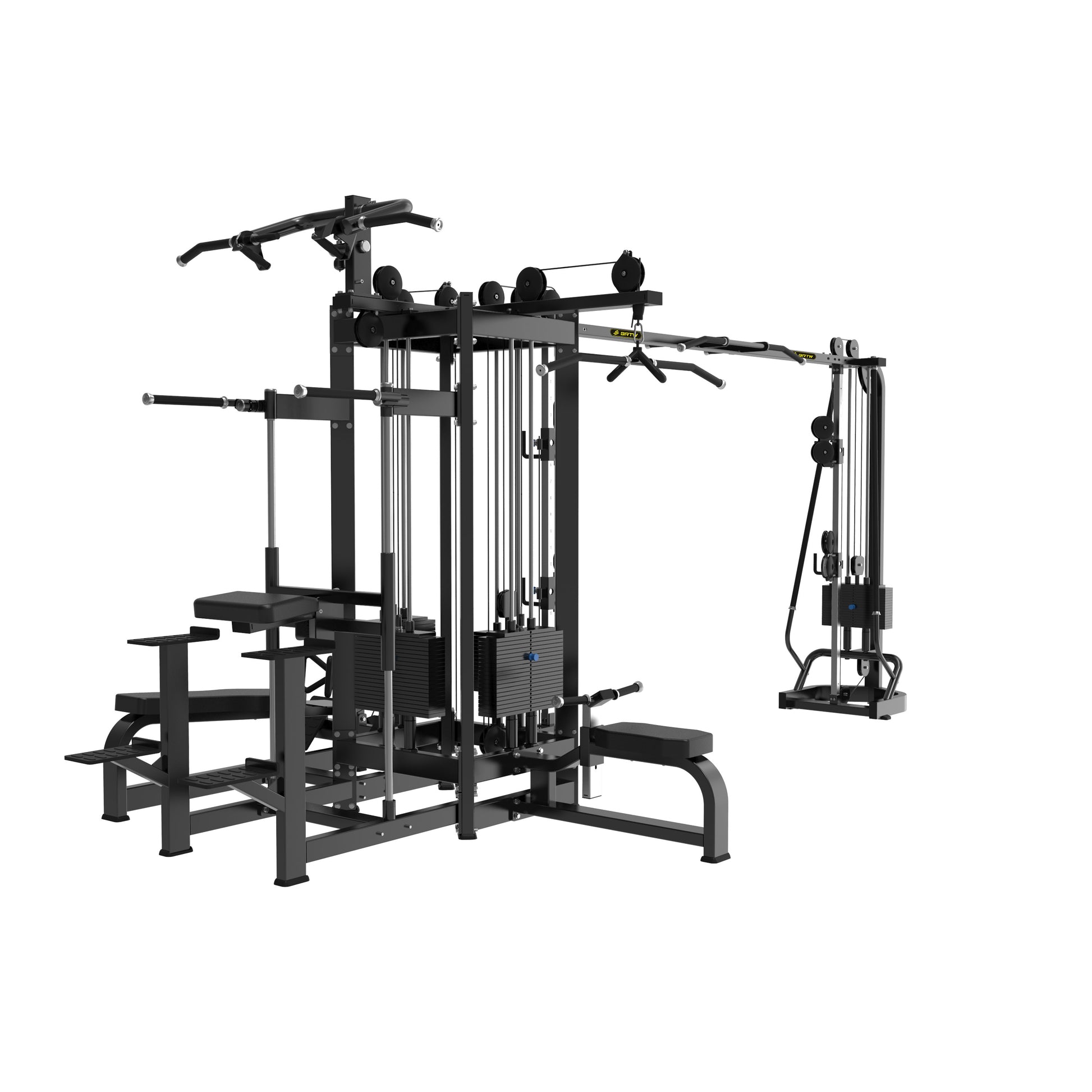The BefitNow Canada AR94 Multi Jungle 5 Station is a black metal multi-user gym machine featuring multiple workout stations, cables, pulleys, and weight stacks for simultaneous strength training.