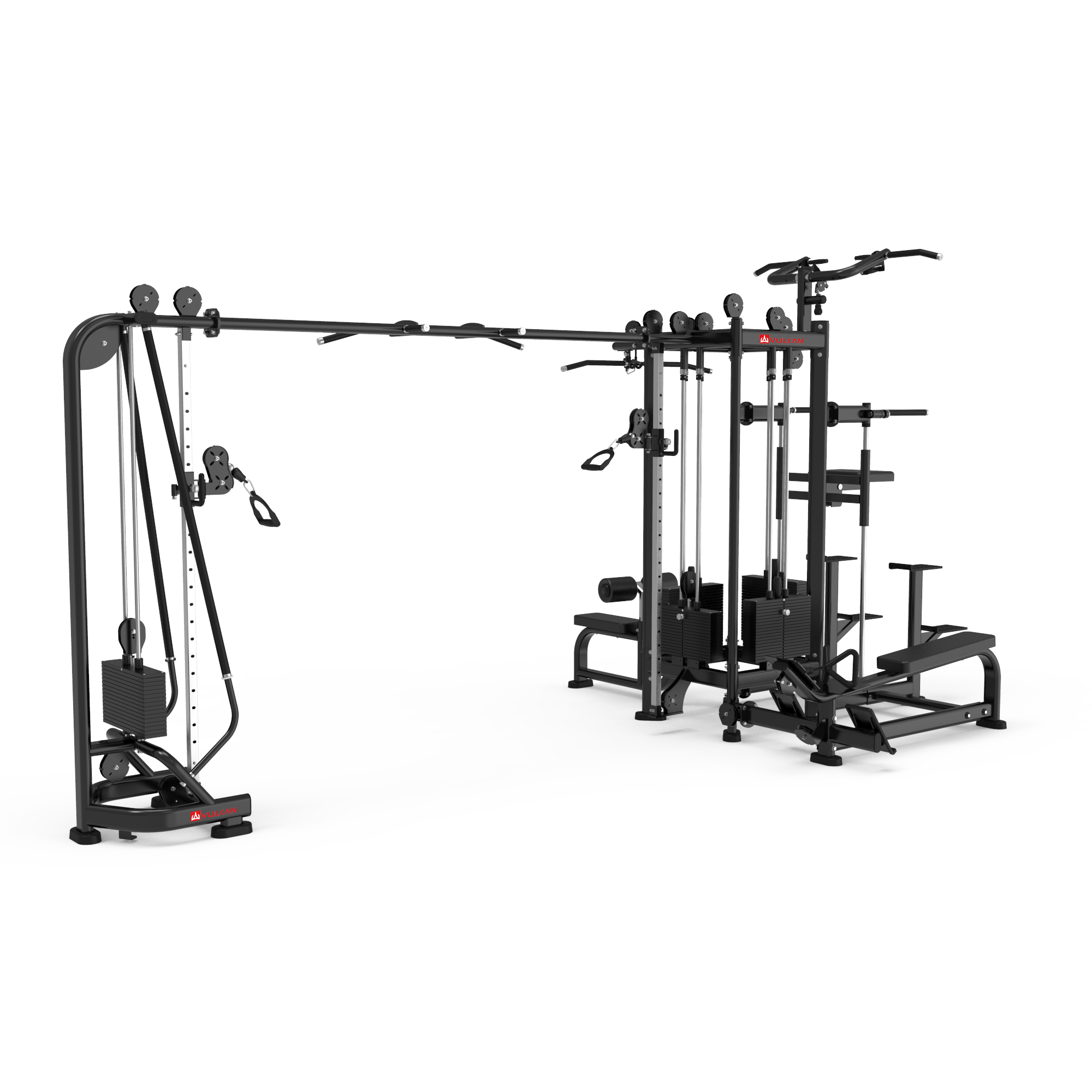 The BefitNow Canada TF40 Multi Jungle 5 Station is a multi-gym machine featuring cable pulleys, weight stacks, pull-up bars, and benches, ideal for strength and resistance training.