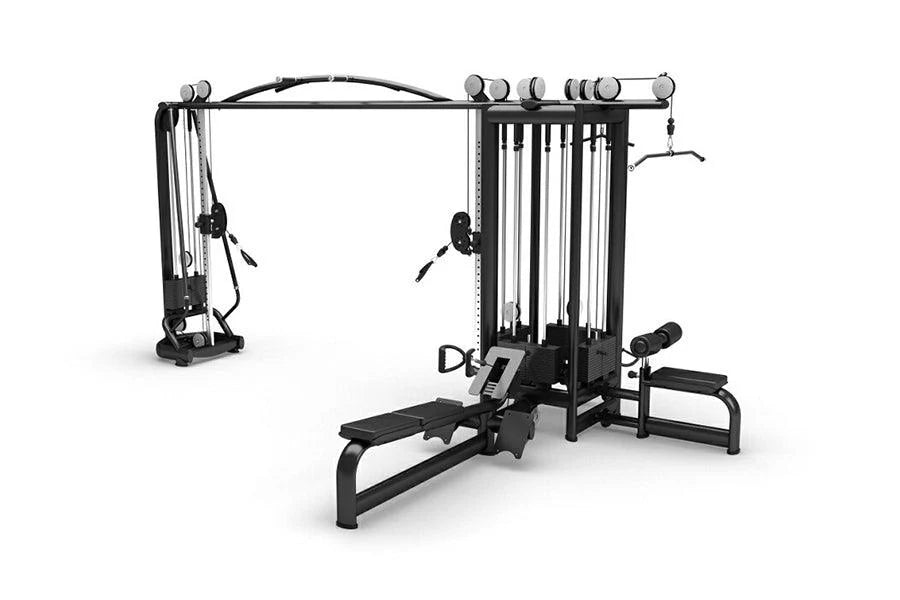 The BefitNow Canada TF41 Multi Jungle 5 Station is a black cable machine with adjustable pulleys, weight stack, handles, and attachments for various exercises, shown on a white background.