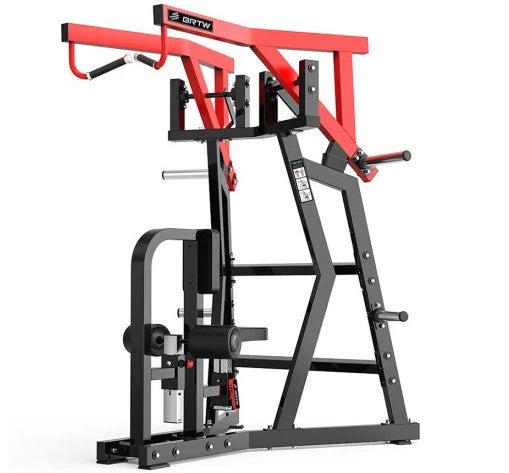 The BefitNow Canada Tm02 Rowing Lat Pull Down is a black and red plate-loaded gym machine for upper body workouts, featuring handles, adjustable seat, sturdy metal frame, and side-labeled dimensions and instructions.