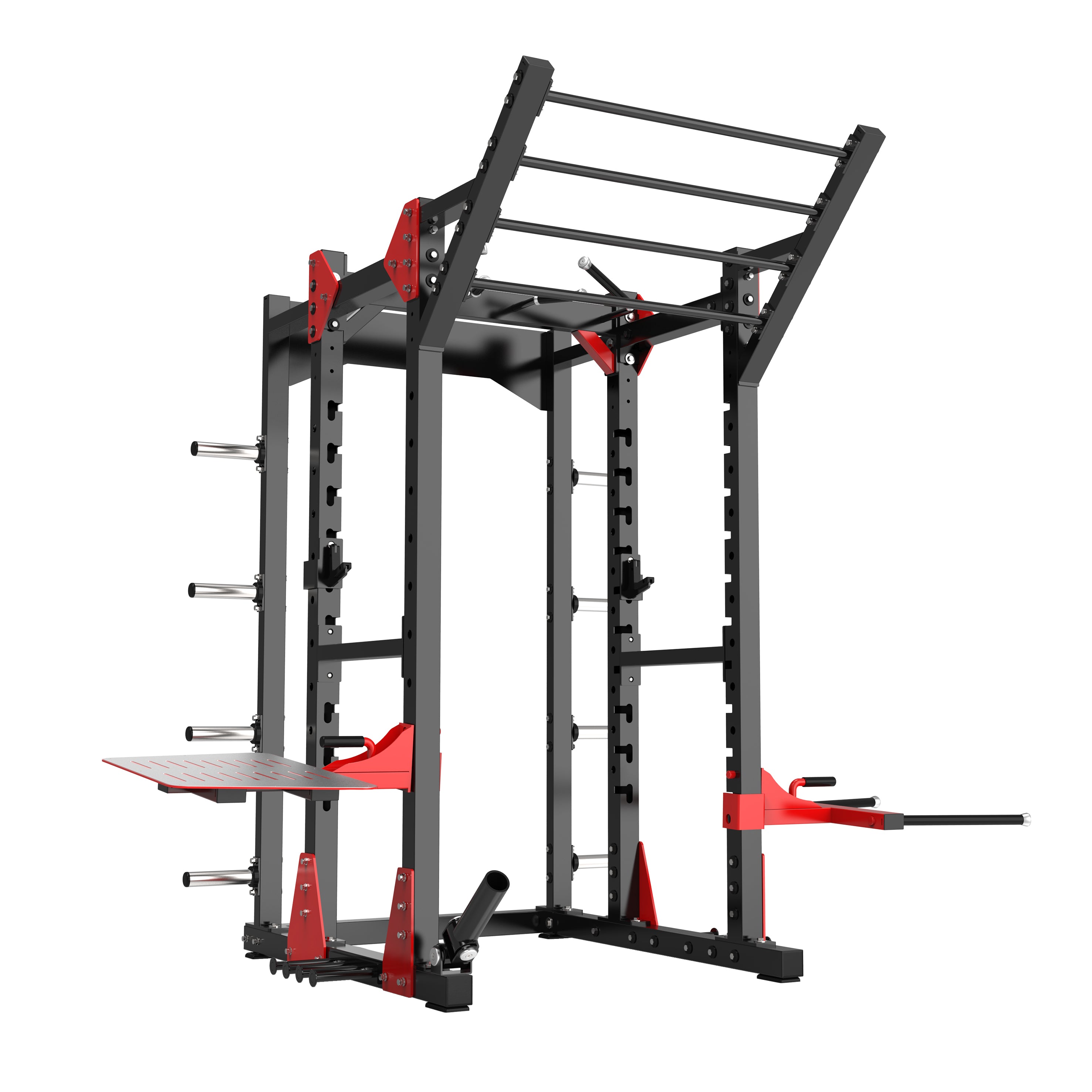 The BefitNow Canada Squat Trainer is a black and red multifunctional power rack with pull-up bars, weight plate holders, dip bars, and an adjustable bench, designed for compact home gym strength training.