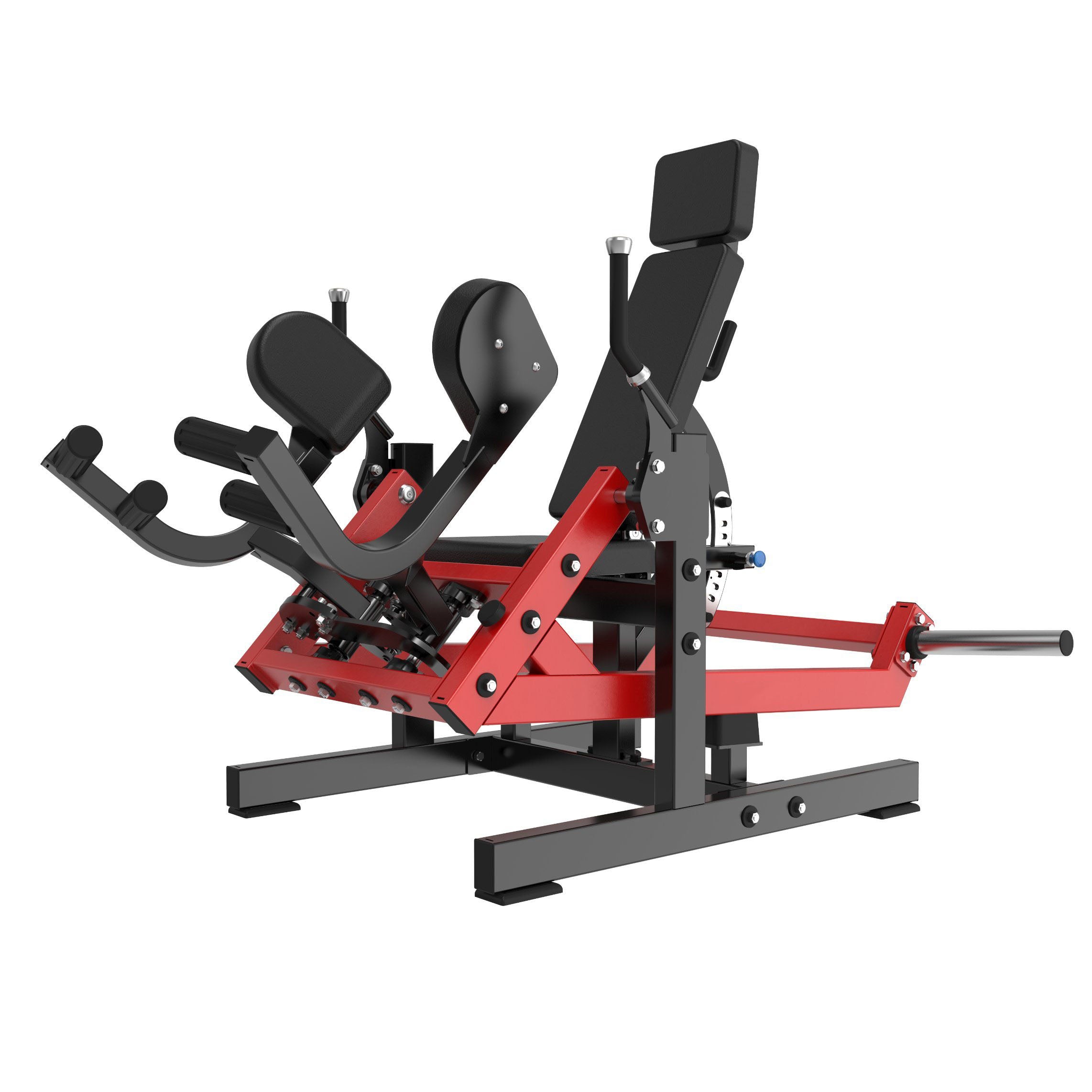 The TM112 Abductor by BefitNow Canada is a red and black leg press machine with adjustable padded seats and backrests. It weighs 291 lbs and offers multiple handles, foot platforms, metal bolts, and supports for enhanced stability and functionality.