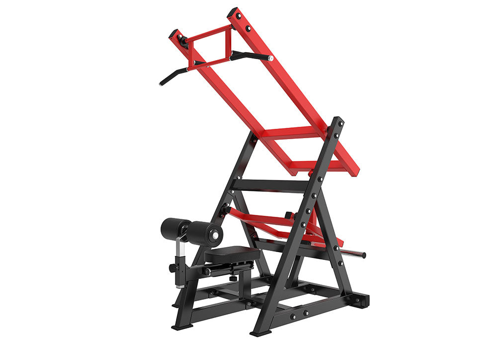 The BefitNow Canada TM113 Pulldown Trainer is a red and black gym machine for pull-ups and rowing, featuring a padded seat, footrests, multiple handlebars, and a sturdy metal frame. Weight capacity and dimensions ensure it fits your fitness space.