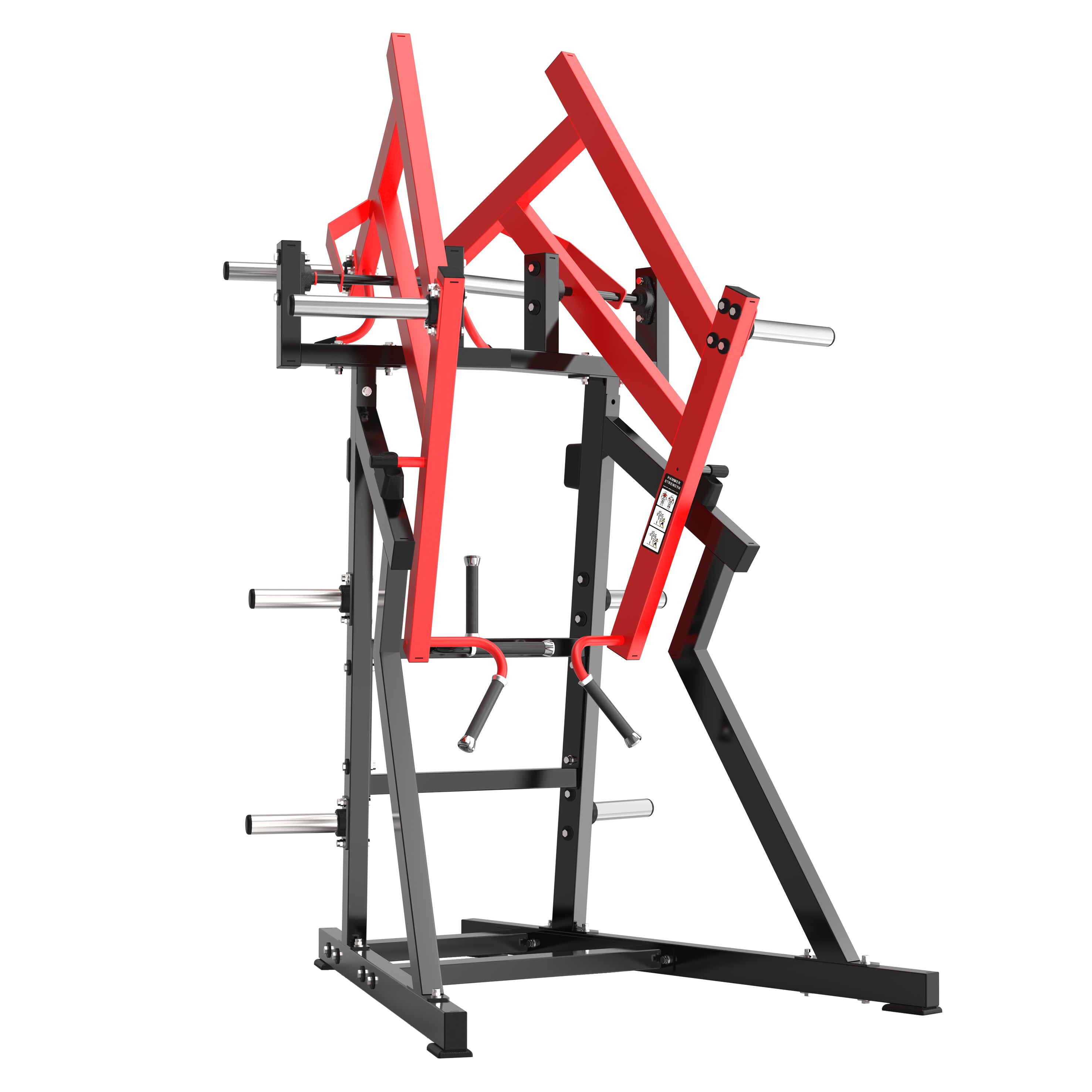The BefitNow Canada TM65 Comprehensive Decline Press is a black and red plate-loaded gym machine with angled handles, a sturdy frame, dual weight storage pegs, and compact dimensions—perfect for upper body workouts in any gym space.