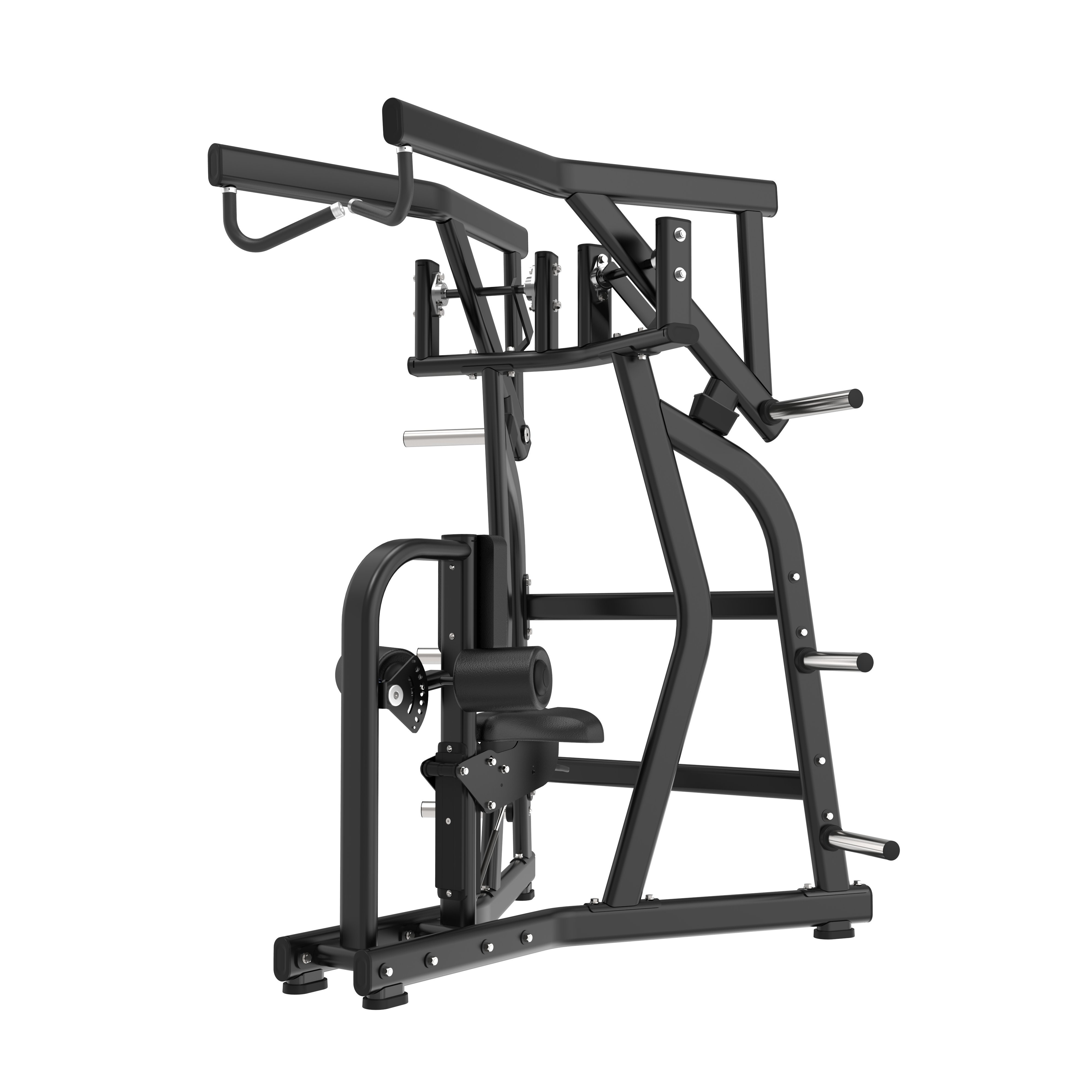 The BefitNow Canada Rowing Lat Pull Down is a black, commercial-grade plate-loaded gym machine for upper body workouts, with handles, adjustable seat, weight pegs, and a sturdy build (62"x62"x79"), shown on a plain white background.