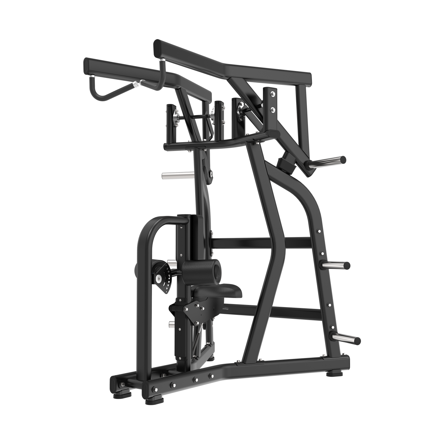 The BefitNow Canada Rowing Lat Pull Down is a black, commercial-grade plate-loaded gym machine for upper body workouts, with handles, adjustable seat, weight pegs, and a sturdy build (62"x62"x79"), shown on a plain white background.