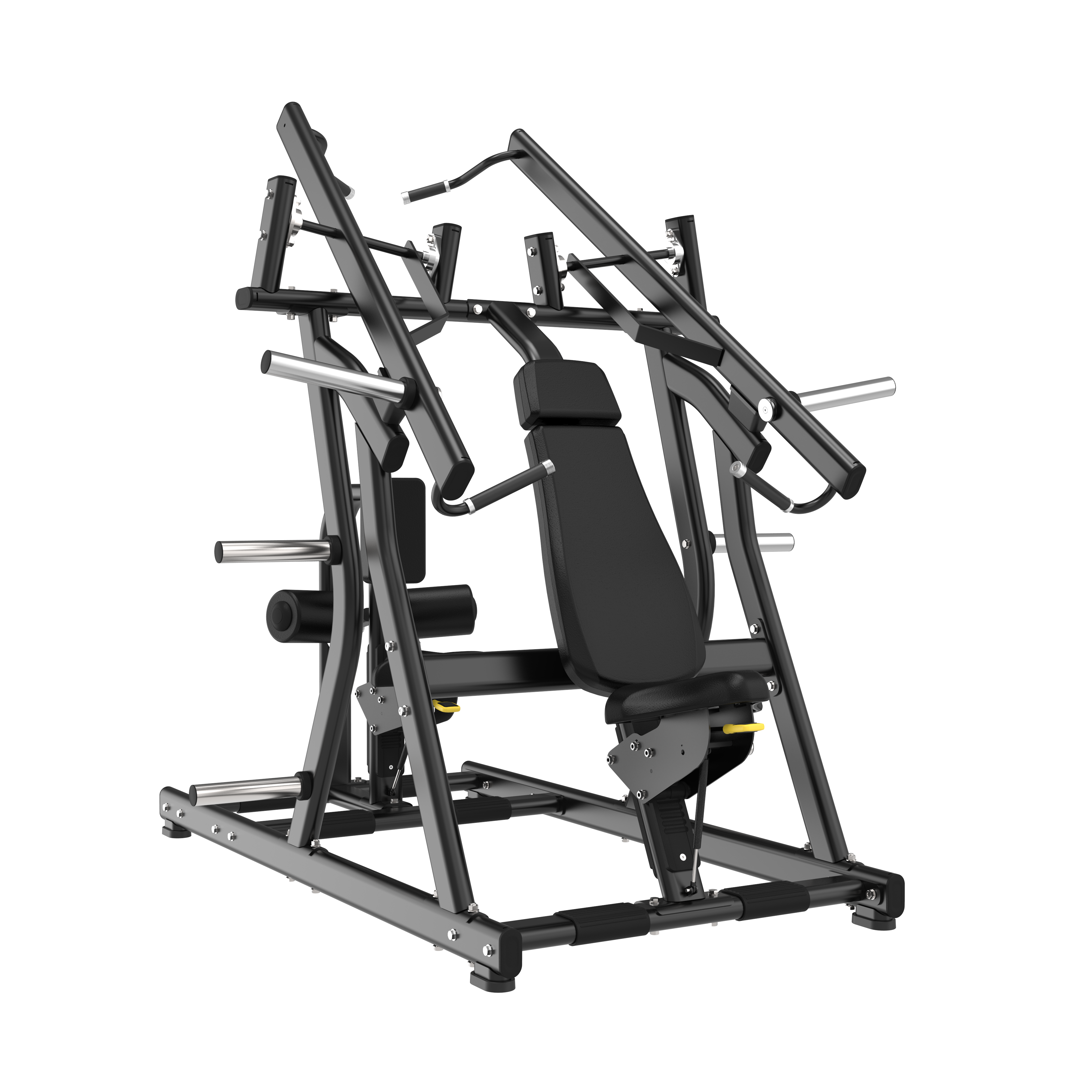 The BefitNow Canada Seated Chest Press & Lat Pull Down features a black padded seat and backrest, angled handles, sturdy metal frame, measures 84"x66"x79", weighs 423lbs, and is designed for strength training. Shown on a plain white background.