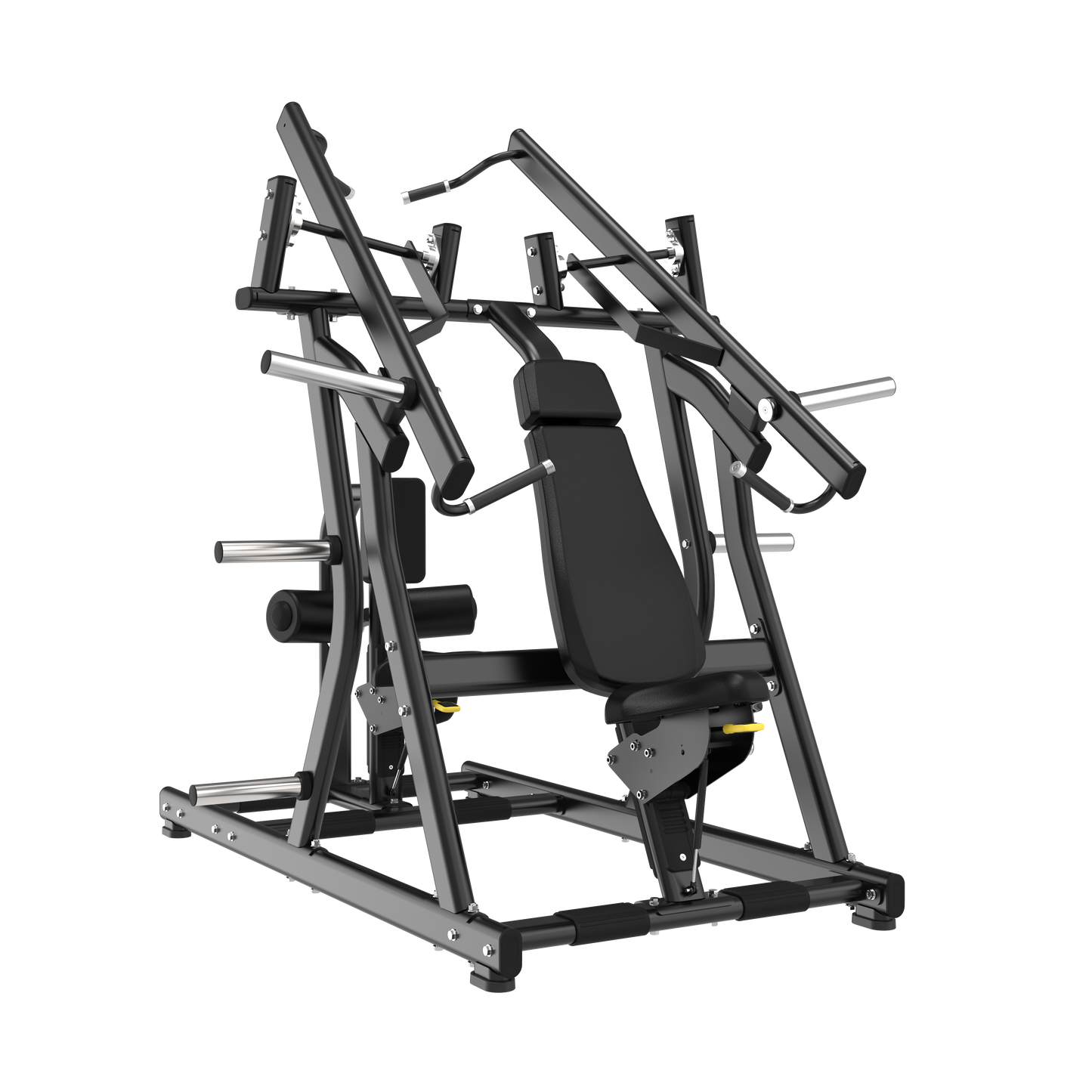 The BefitNow Canada Seated Chest Press & Lat Pull Down features a black padded seat and backrest, angled handles, sturdy metal frame, measures 84"x66"x79", weighs 423lbs, and is designed for strength training. Shown on a plain white background.