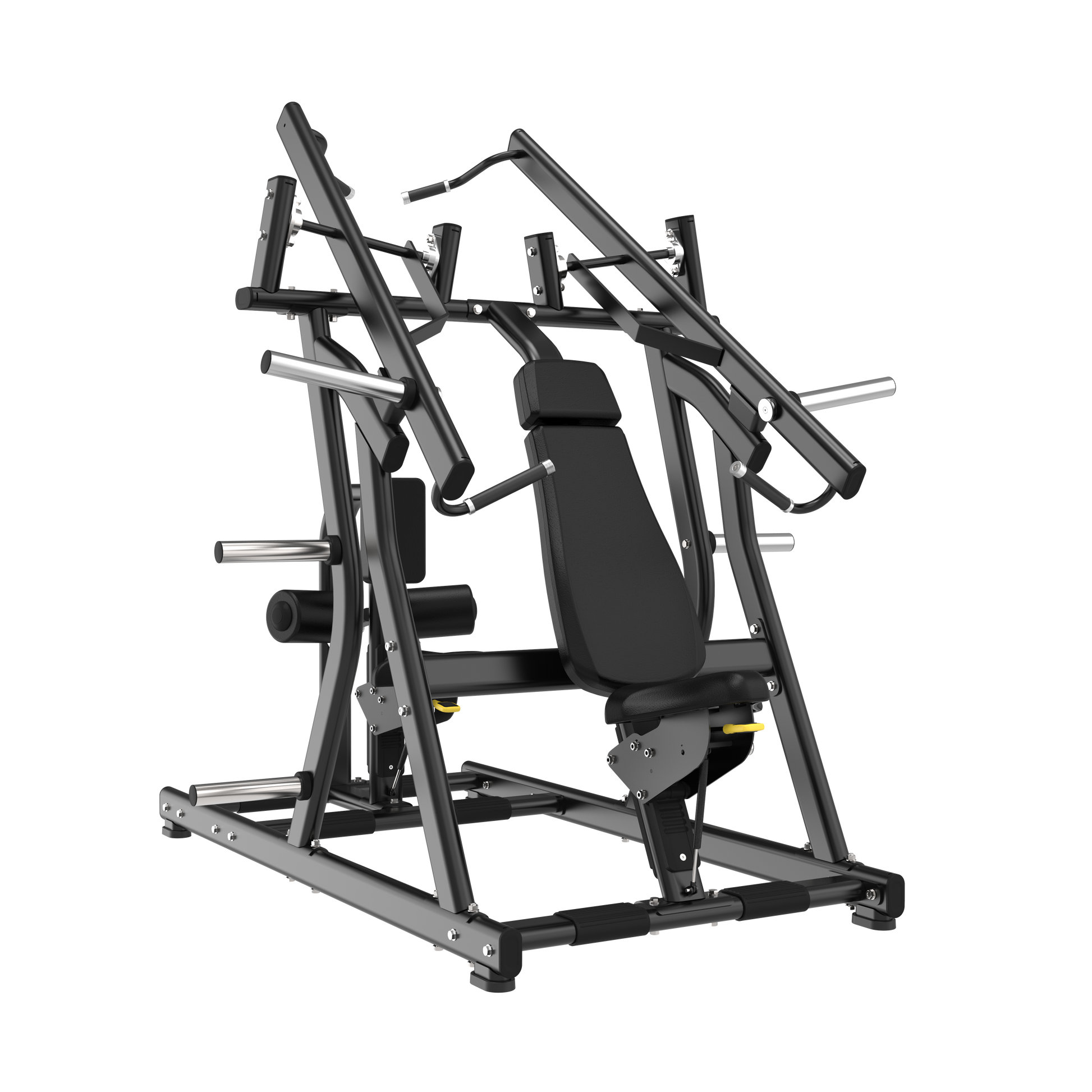 The BefitNow Canada Seated Chest Press & Lat Pull Down features a black padded seat and backrest, angled handles, sturdy metal frame, measures 84"x66"x79", weighs 423lbs, and is designed for strength training. Shown on a plain white background.