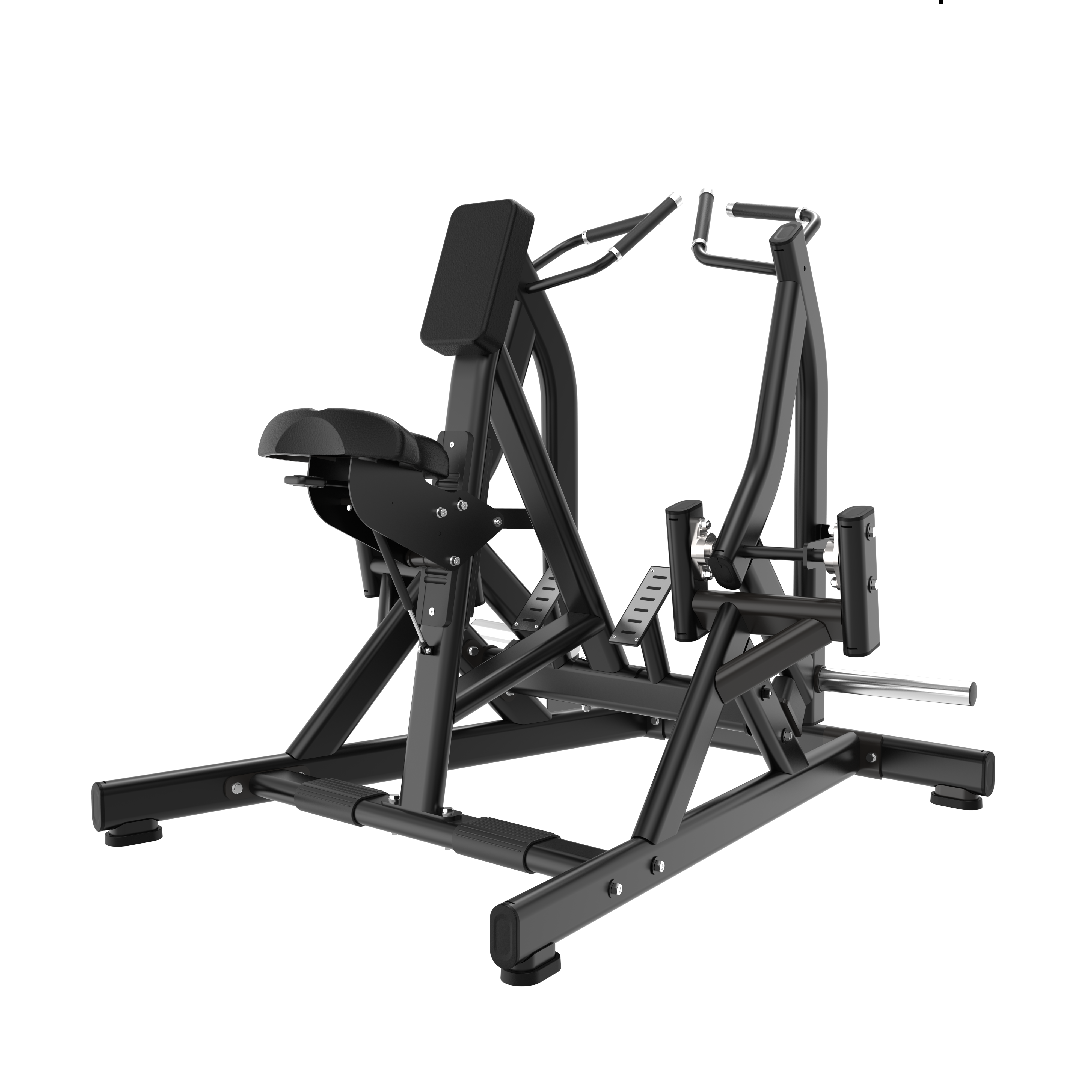 The BefitNow Canada ISO-Lateral Row is a black, heavy-duty plate-loaded gym machine with padded seat, backrest, and handles. Its sturdy frame and footrests support up to 282 lbs. Dimensions: 59"x56"x53". Ideal for strength workouts.