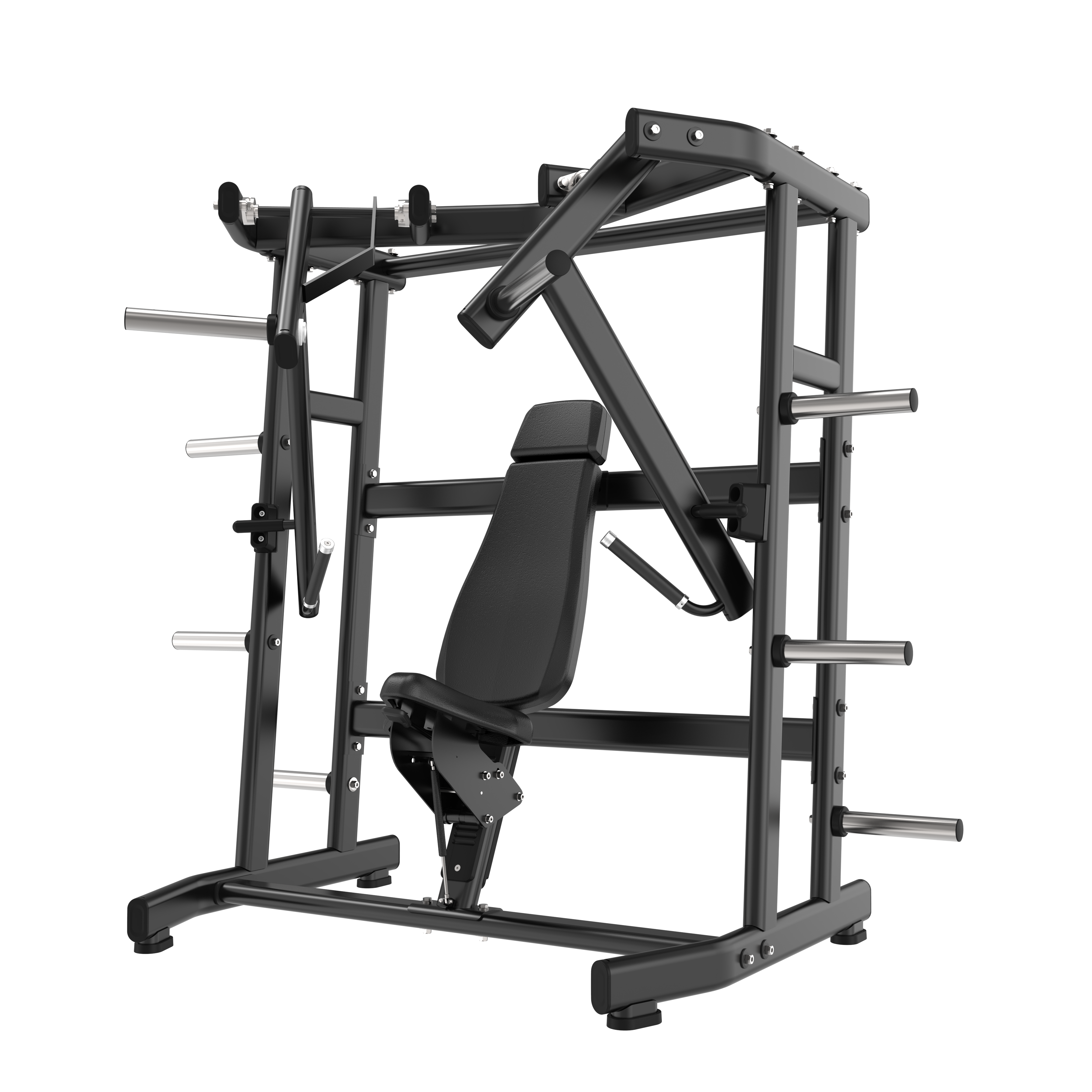 The BefitNow Canada Wide Chest Press is a black incline machine with a padded seat and backrest, multiple handles, and side weight plate holders for upper body training. Measures 48"x79"x71" and weighs 355 lbs.