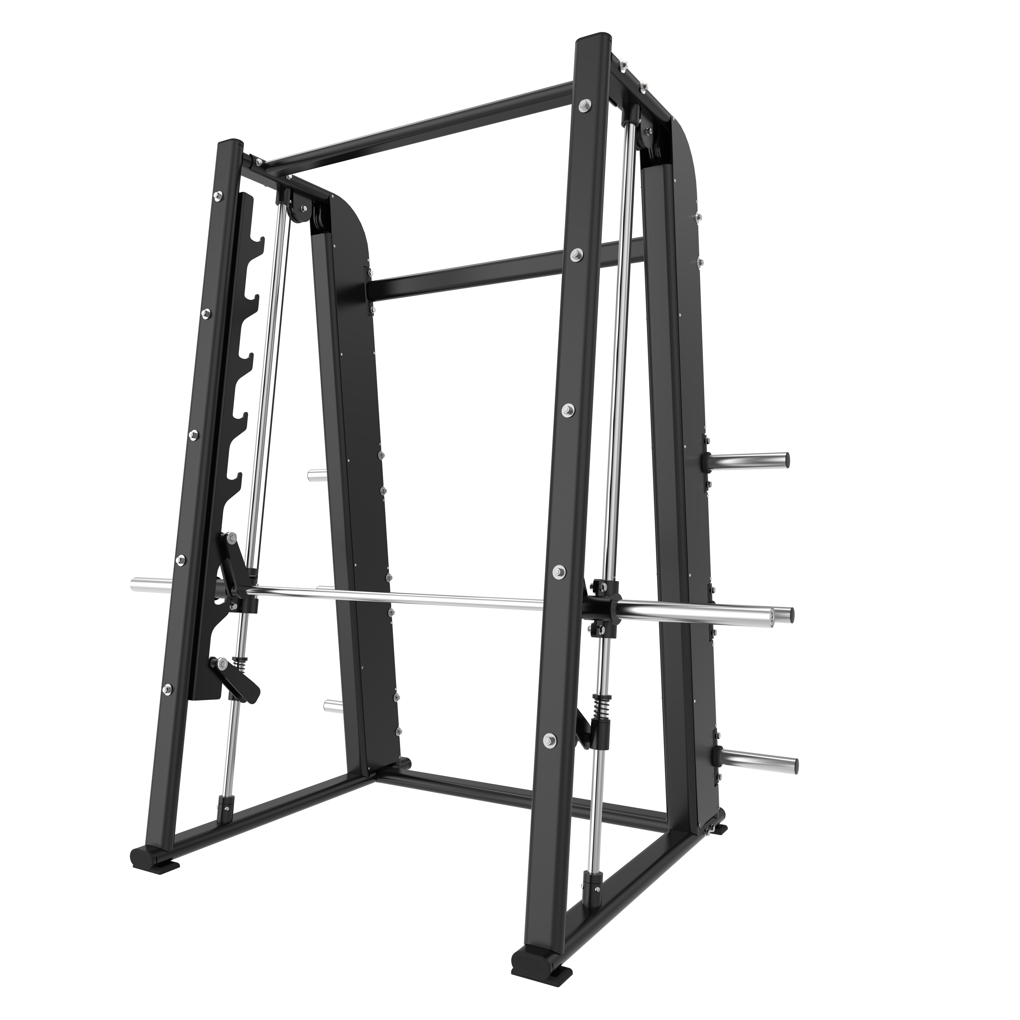 The BefitNow Canada Smith Machine is a black and silver gym unit (87"x50"x89") with a 412lb frame, vertical barbell rails, multiple bar hooks, and storage pegs for weight plates.
