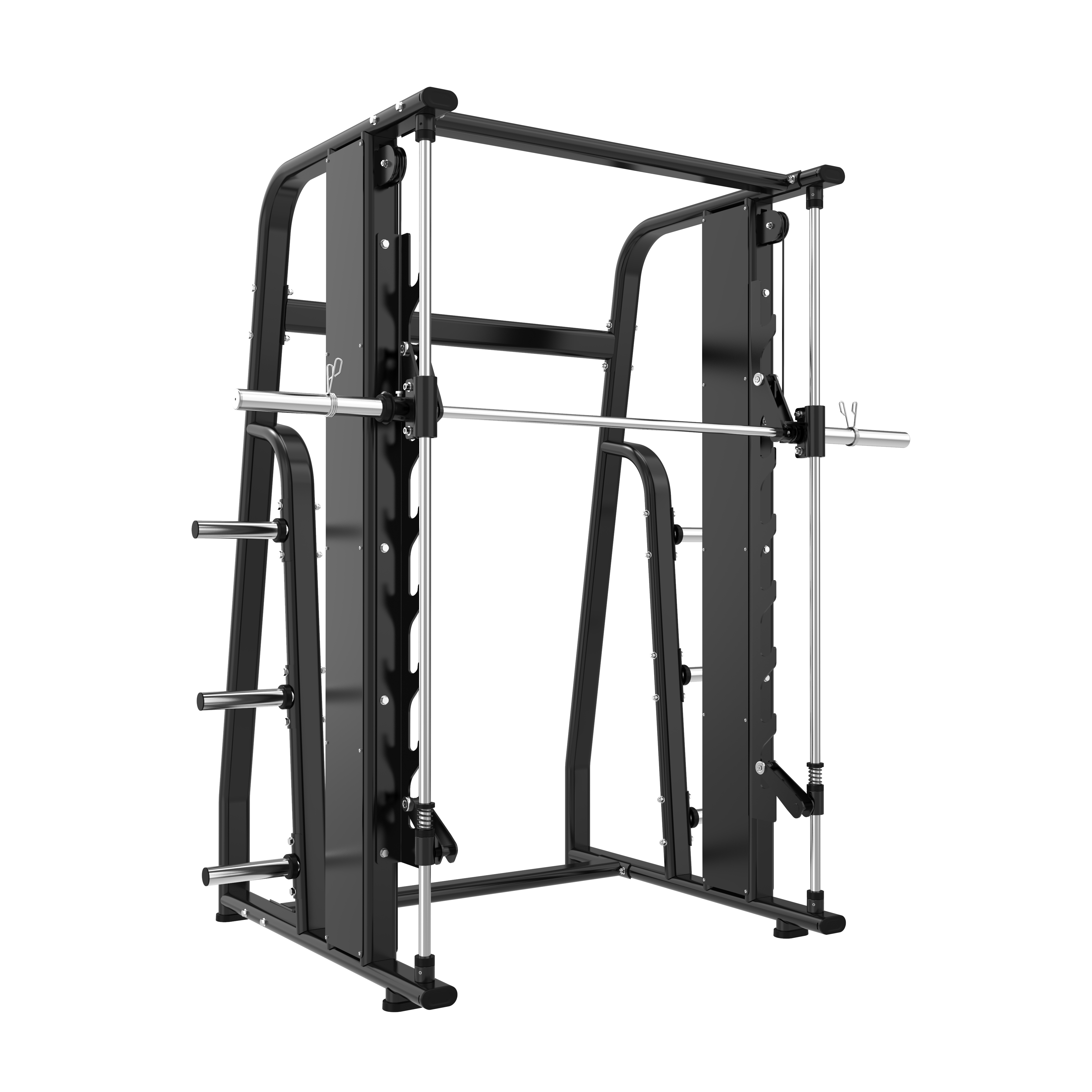 The TN116 Smith Machine by BefitNow Canada is a black and silver unit with barbell, weight storage pegs, and safety supports. It measures 88"x53"x90", weighs 595 lbs, and is designed for weightlifting exercises. Shown on a white background.