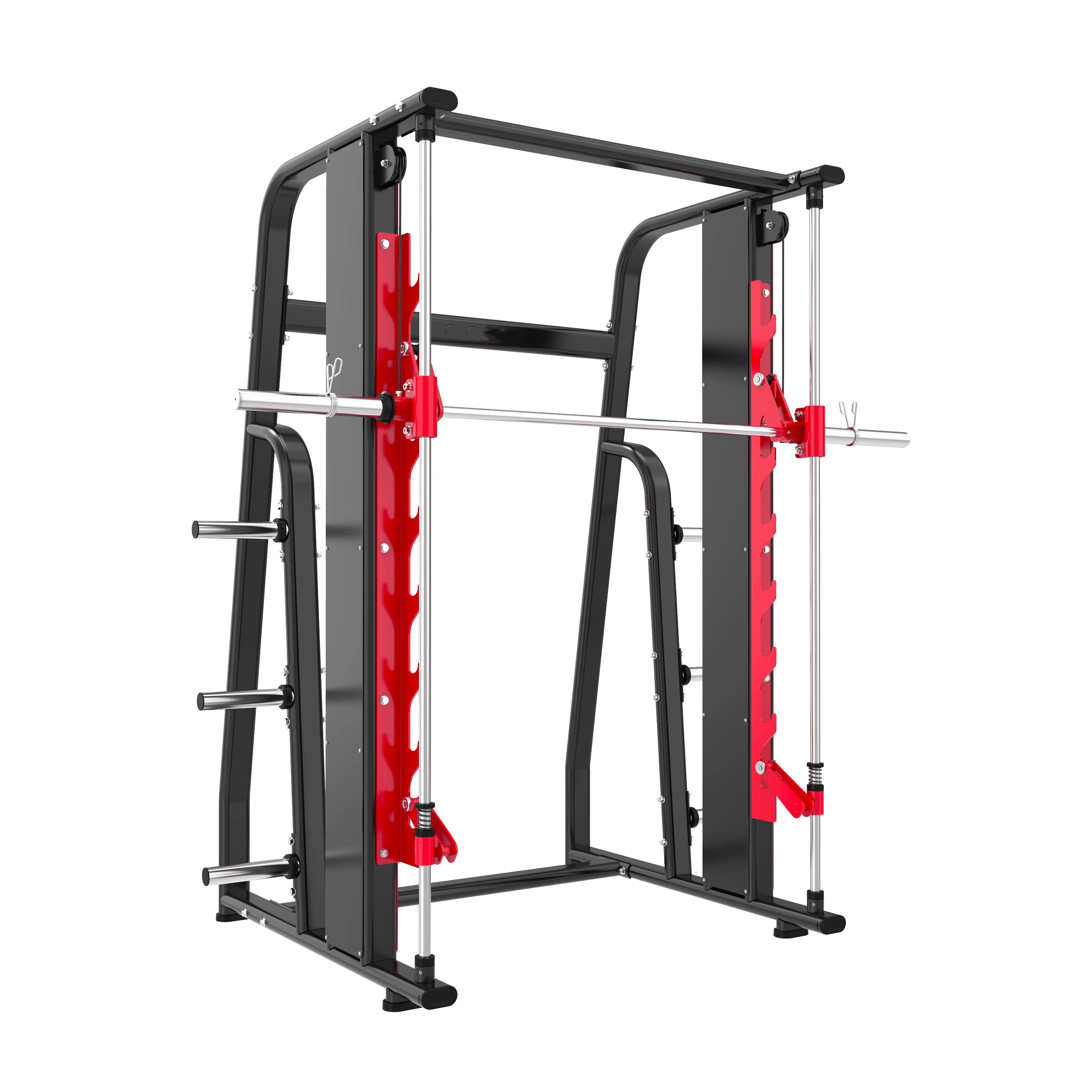 The BefitNow Canada TN116 Smith Machine is a heavy-duty black and red gym unit with a barbell, safety catches, and side weight storage pegs, designed for weightlifting exercises.