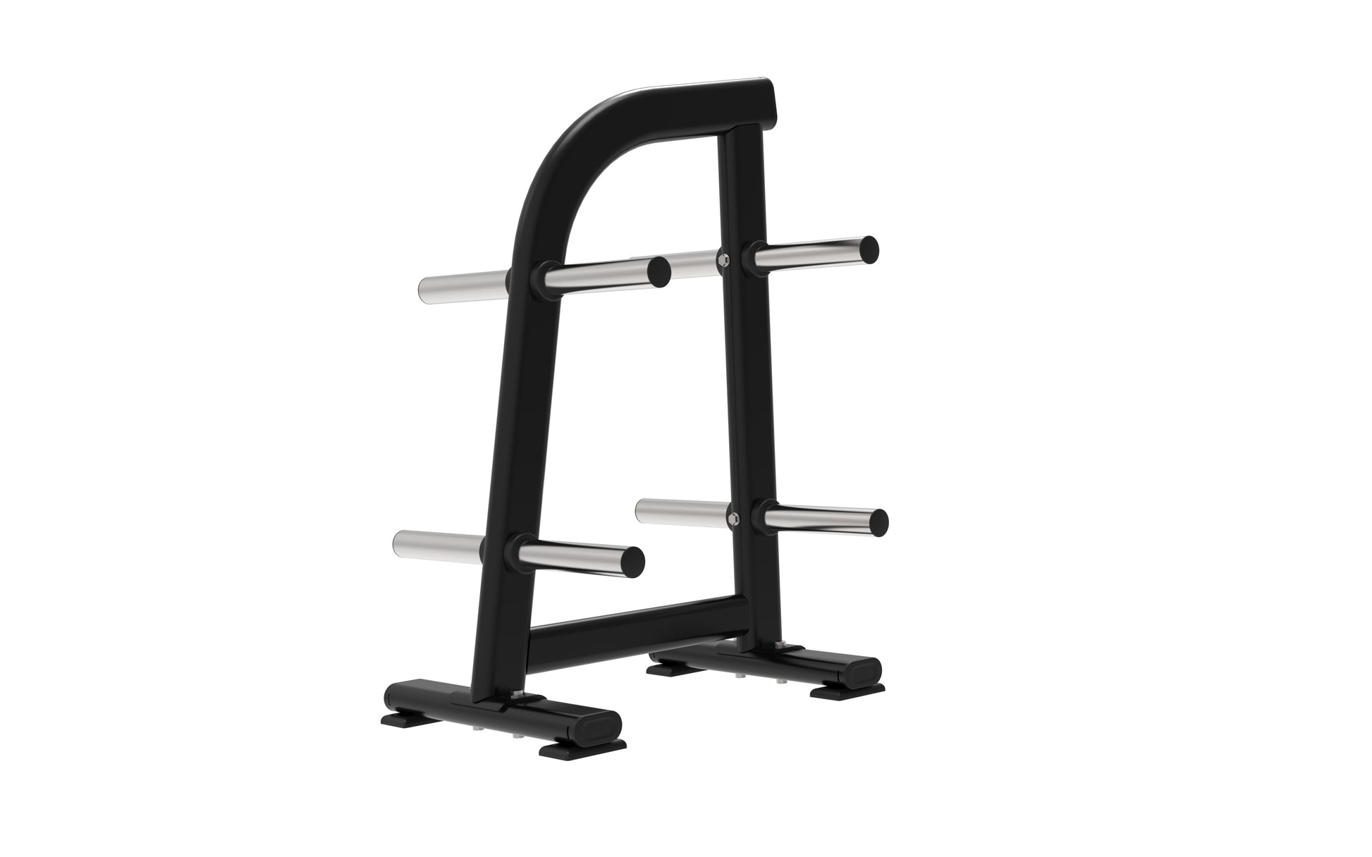 The BefitNow Canada Weight Plate Tree is a black metal rack with six horizontal holders per side, designed to organize gym weight plates. Its compact size fits any fitness space. Shown isolated on a white background.