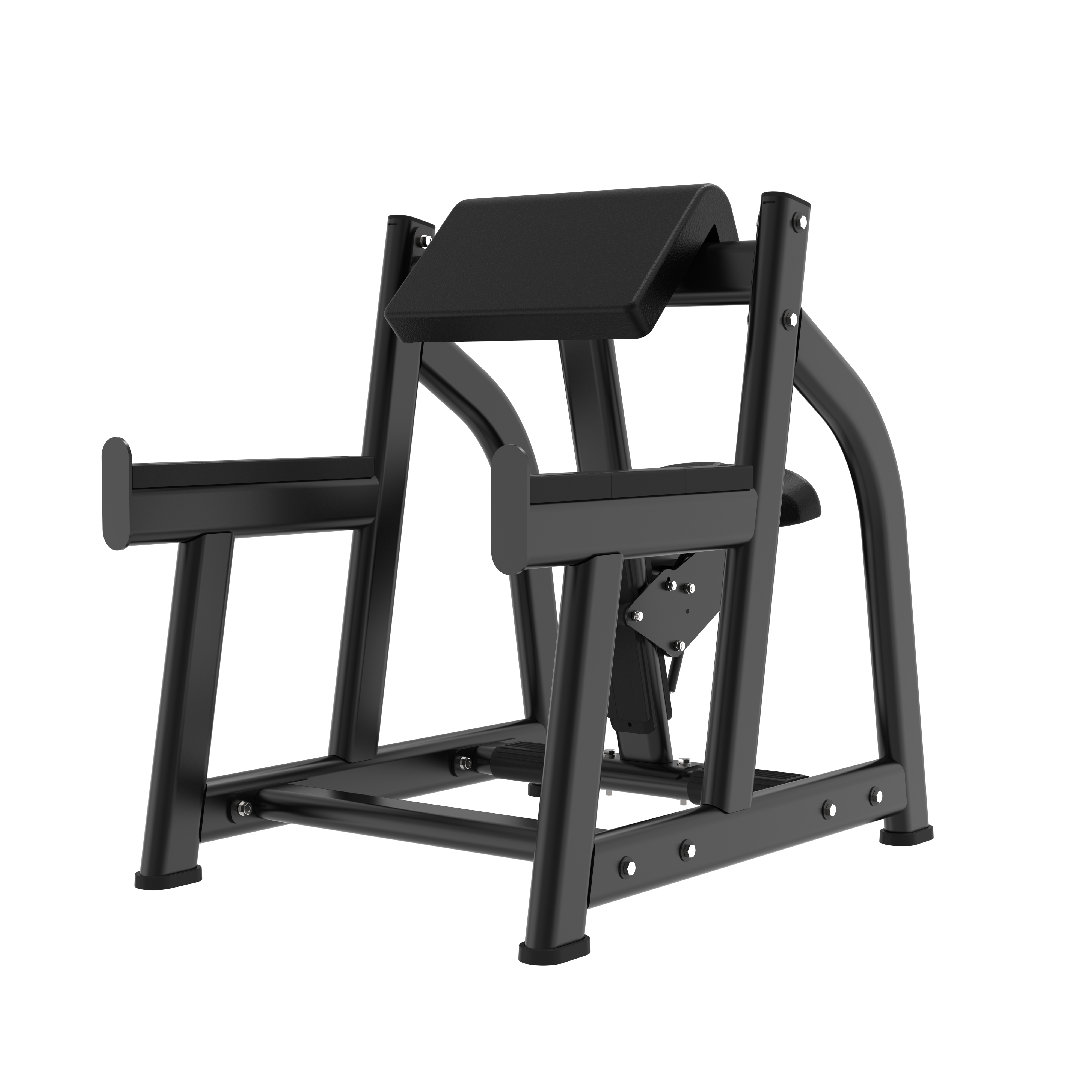 The BefitNow Canada Arm Curl is a black metal preacher curl machine with padded arm support and dual handles for seated bicep exercises. Sturdy at 174 lbs, it measures 45"x32"x41" and features visible bolts in a sleek, modern gym design.
