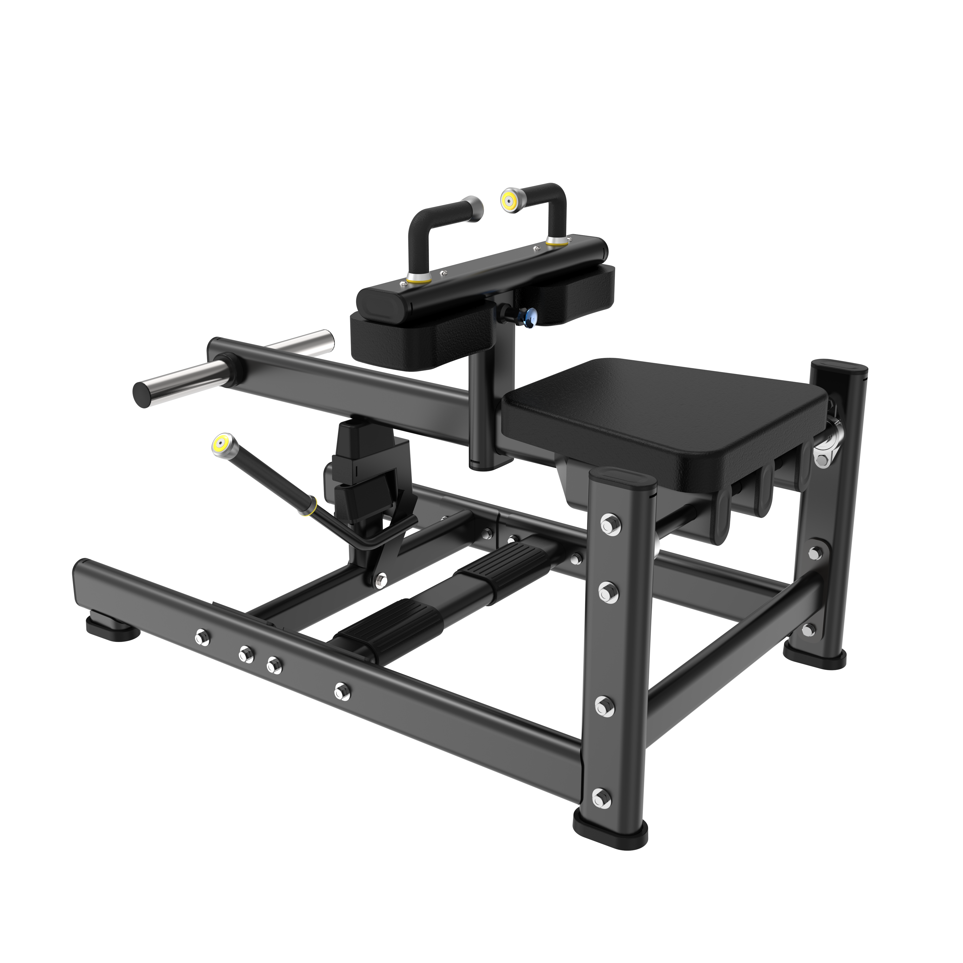 The BefitNow Canada Seated Calf Machine, shown on a white background, features padded supports, foot pads, and a sturdy steel frame for leg exercises; it weighs 152lbs and measures 29"x49"x33".