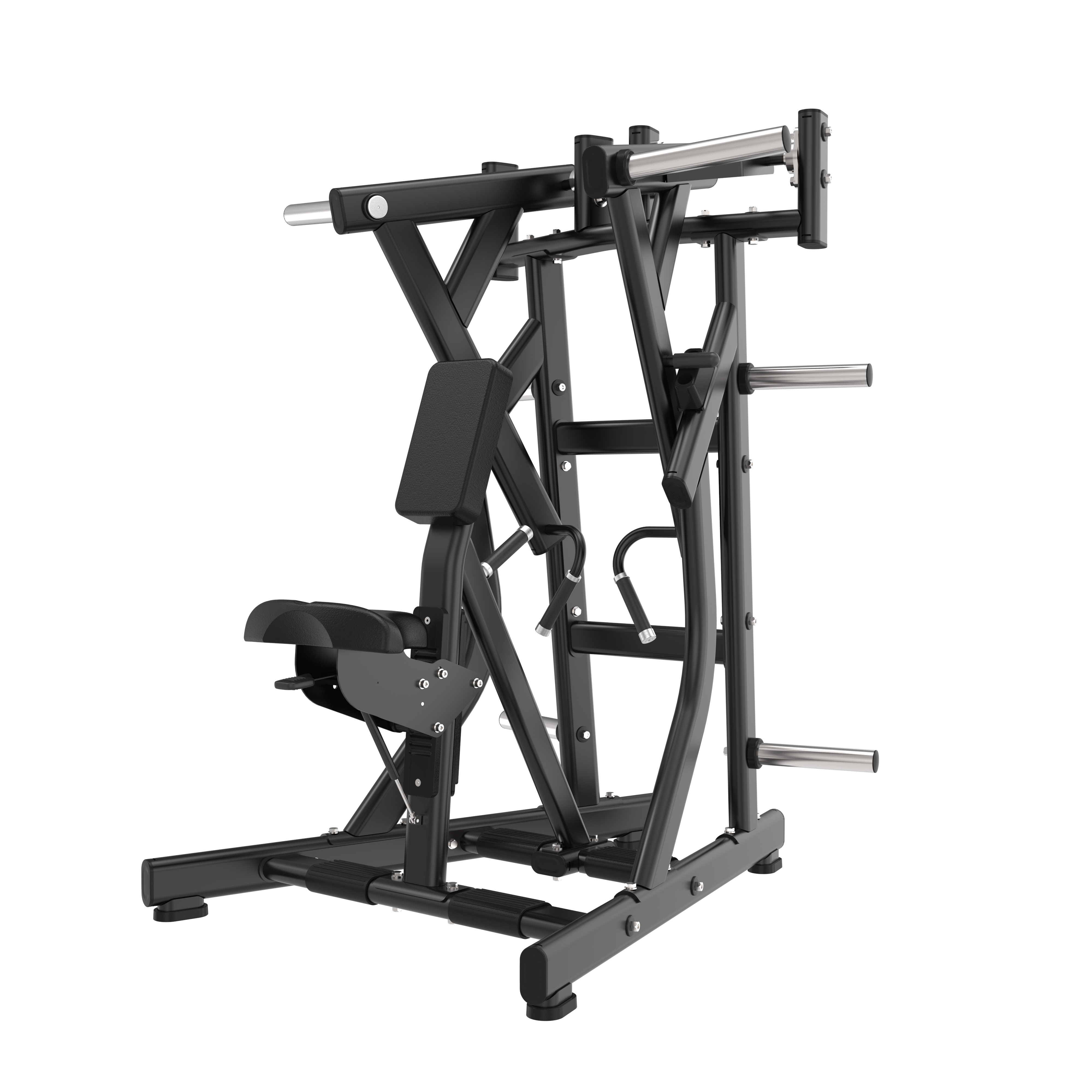 The BefitNow Canada Low Row is a black steel plate-loaded machine with padded seat and backrest, designed for upper body training. Features include handles, weight plate holders, sturdy frame, weighs 293 lbs, and measures 54"x53"x66".