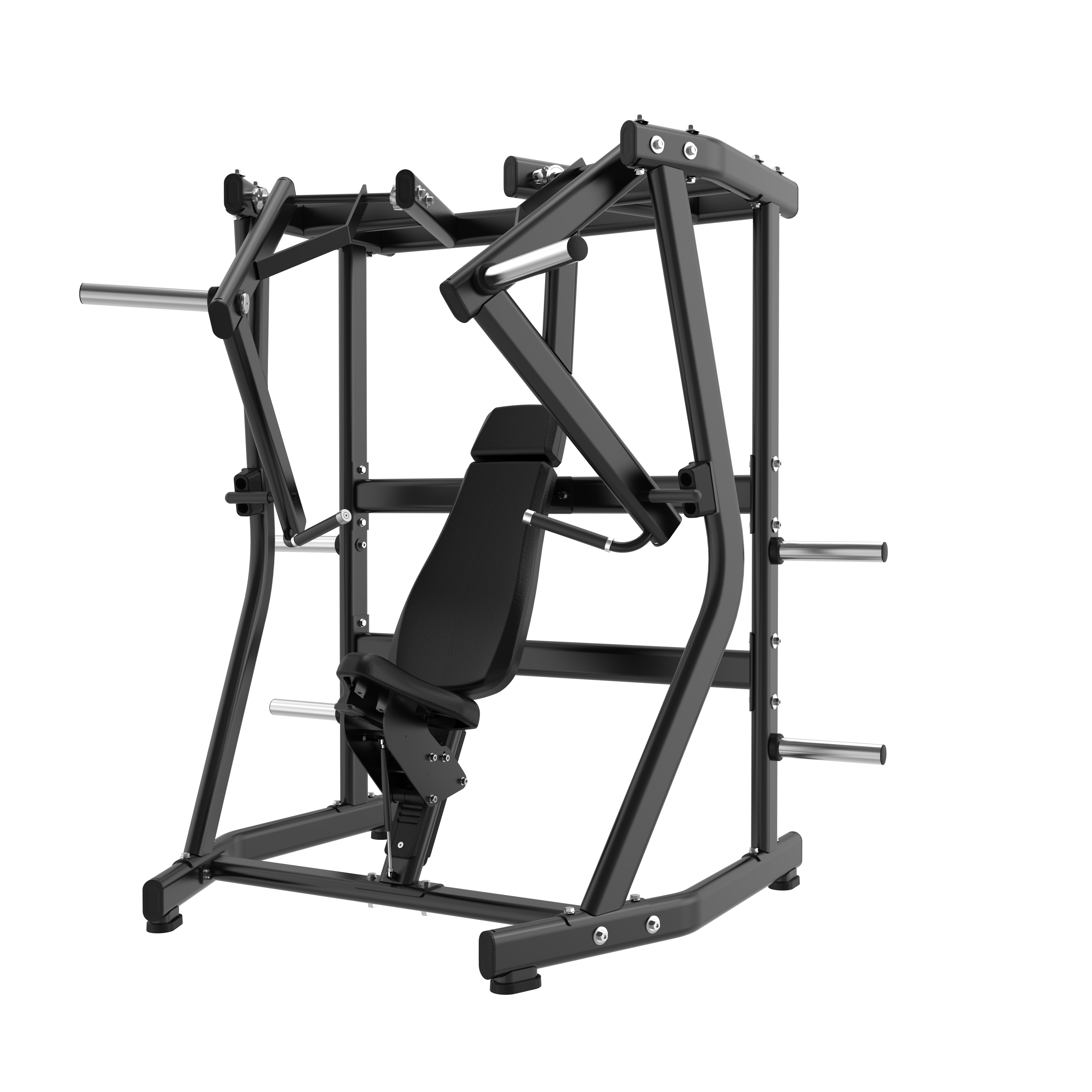 The BefitNow Canada Seated Chest Press is a black, adjustable bench with handles and plate holders, a sturdy metal frame, weighs 344 lbs, measures 50"x75"x73", and is designed for upper body strength training. White background.