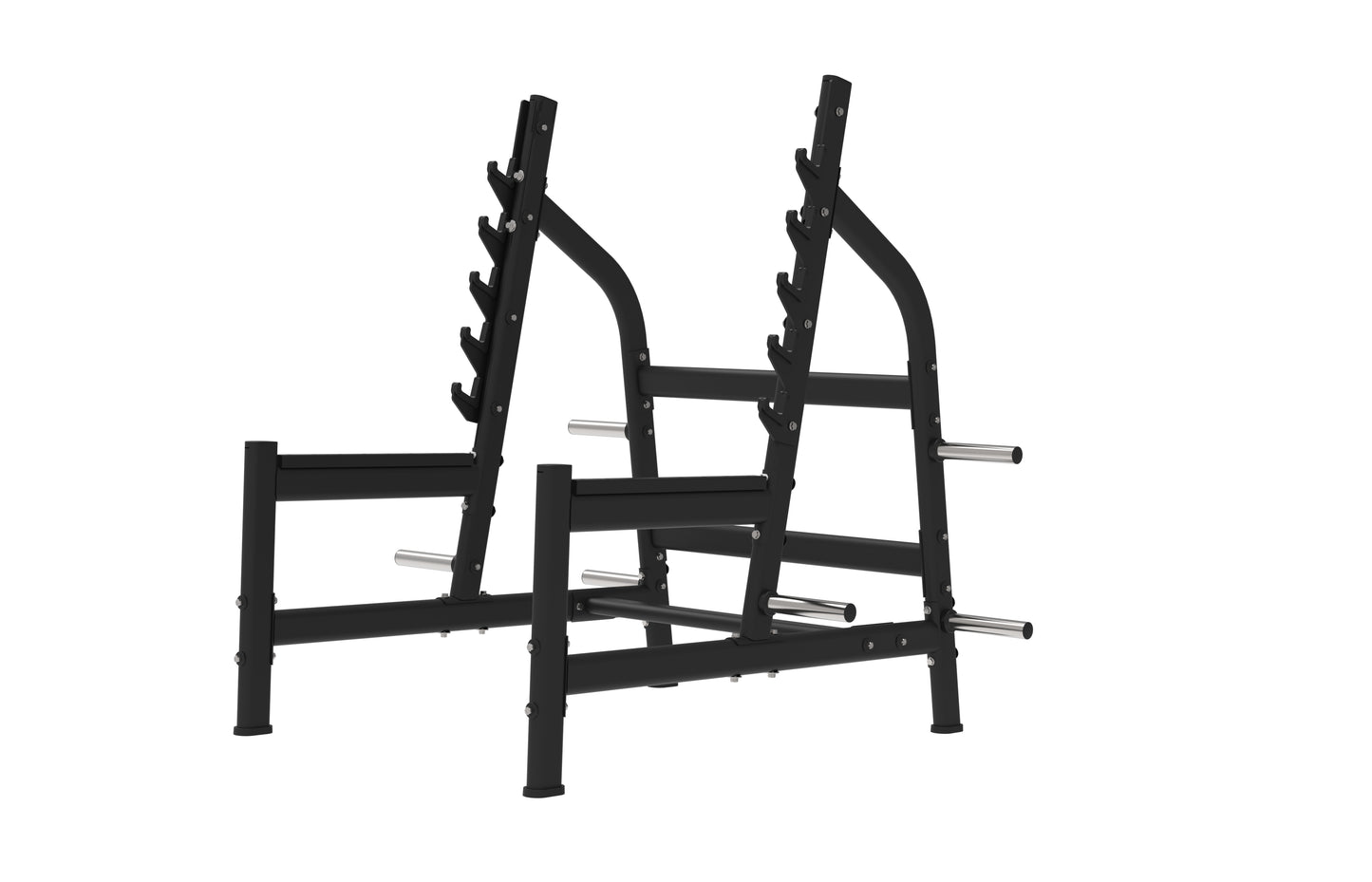 The BefitNow Canada Olympic Super Rack is a black metal squat rack with multiple barbell holders and weight plate storage pegs, built for durability and high weight capacity—ideal dimensions for home gyms, displayed on a white background.