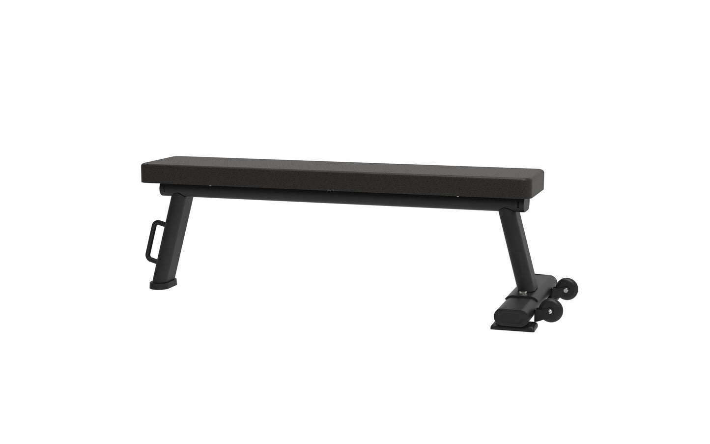 The BefitNow Canada Flat Bench is a sleek black design with a flat, cushioned rectangular seat and sturdy metal legs. It includes a handle on the left leg and wheels on the right for easy movement, making it ideal for compact spaces against a clean white background.