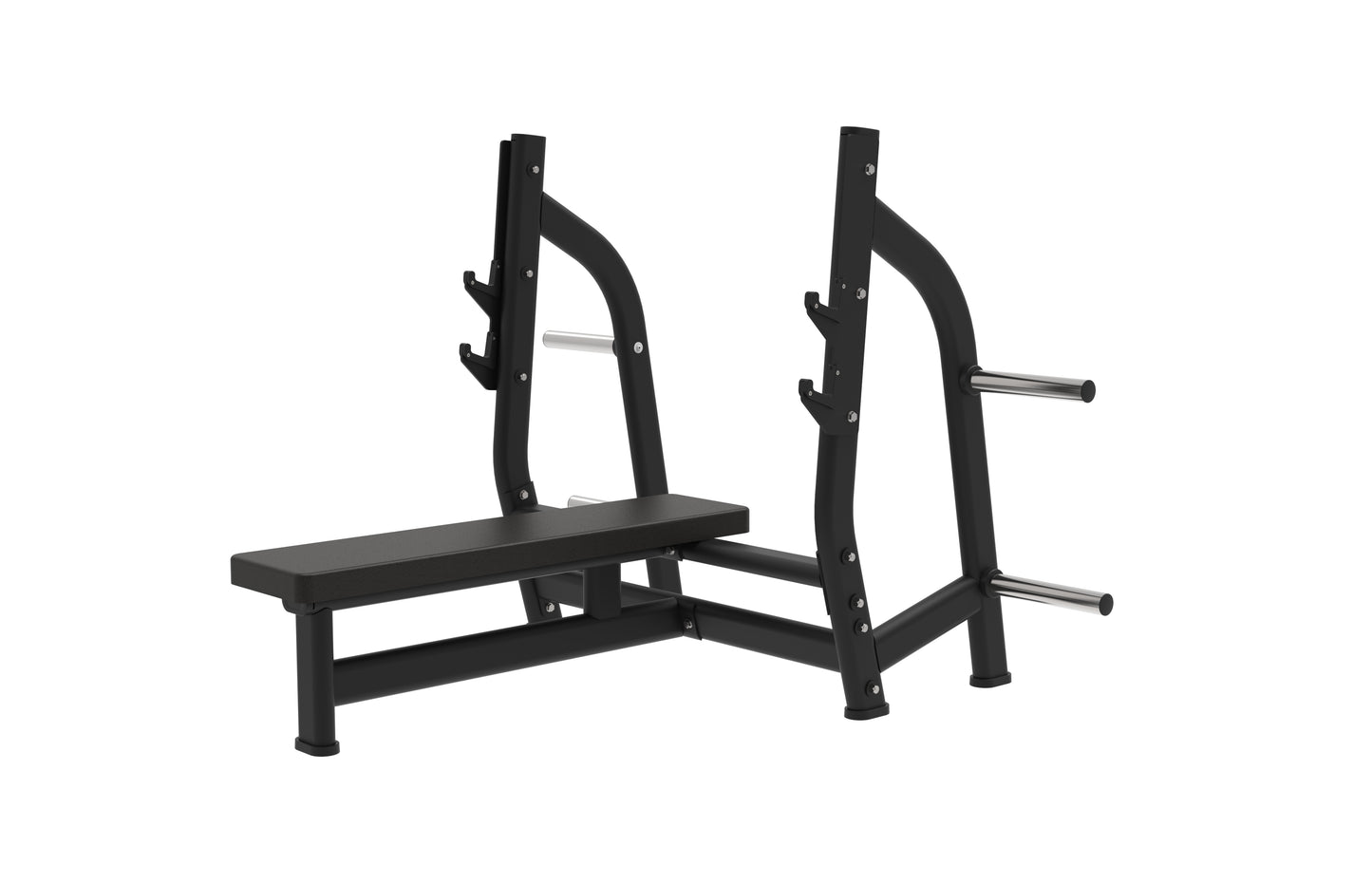 The BefitNow Canada Flat Olympic Bench is a black bench with a sturdy metal frame and barbell racks for bench press exercises, featuring weight plate storage pegs. The product is displayed against a plain white background.