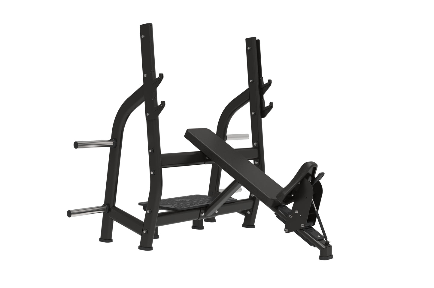 The BefitNow Canada Incline Olympic Bench is a black, adjustable bench with padded seat and backrest, metal frame, and barbell holders—ideal for weightlifting. Its sturdy build supports heavy weights and compact size fits home gyms.