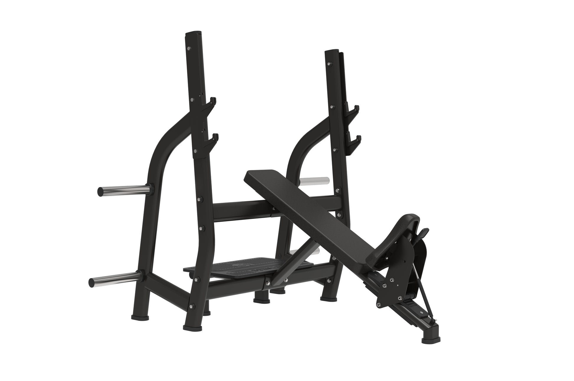 The BefitNow Canada Incline Olympic Bench is a black, adjustable bench with padded seat and backrest, metal frame, and barbell holders—ideal for weightlifting. Its sturdy build supports heavy weights and compact size fits home gyms.