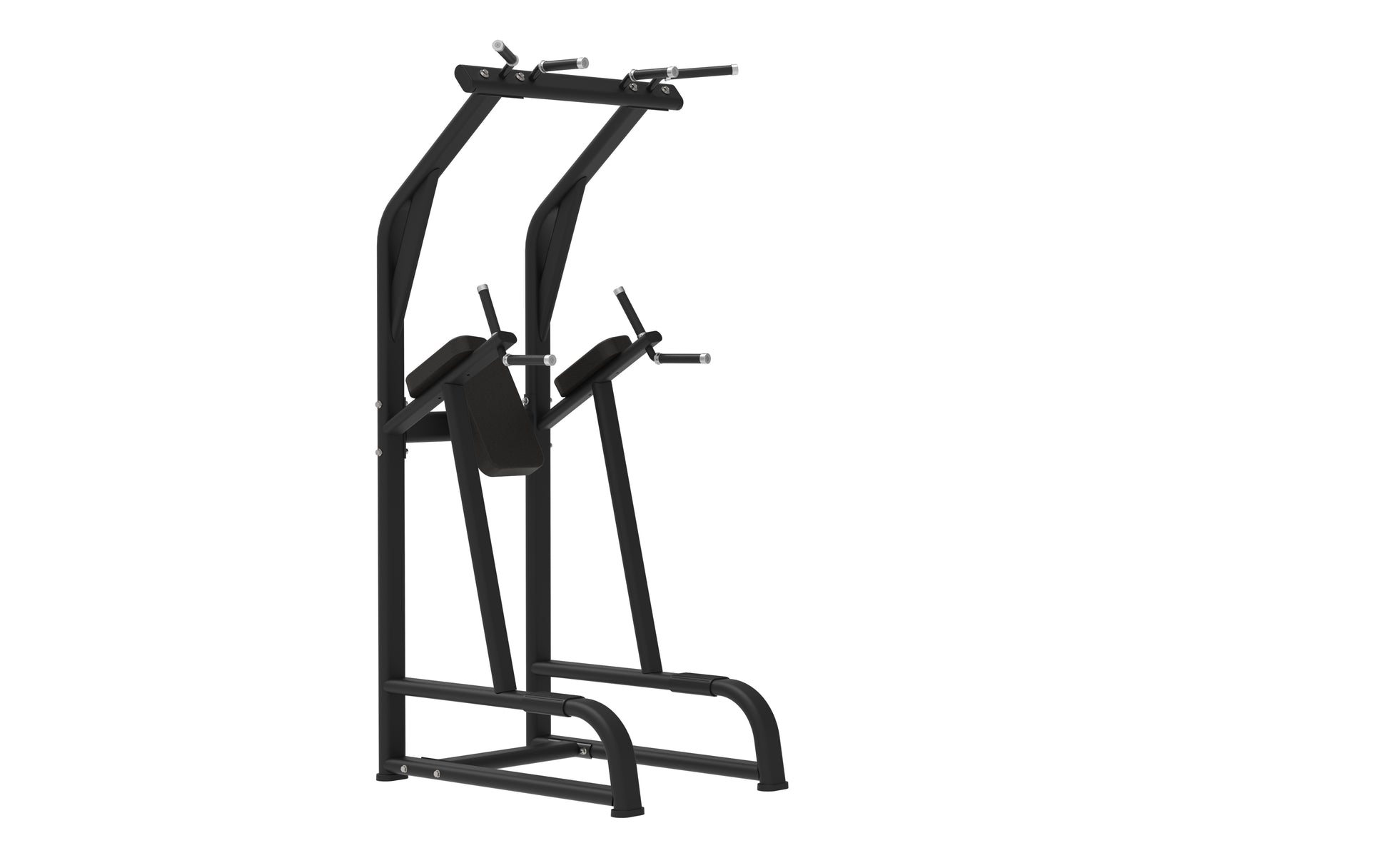 The BefitNow Canada Chin Up/Dip & Knee Up is a black exercise machine with padded armrests and handles for pull-ups, dips, and leg raises. Weight and dimensions help ensure it fits your space. Shown on a white background.