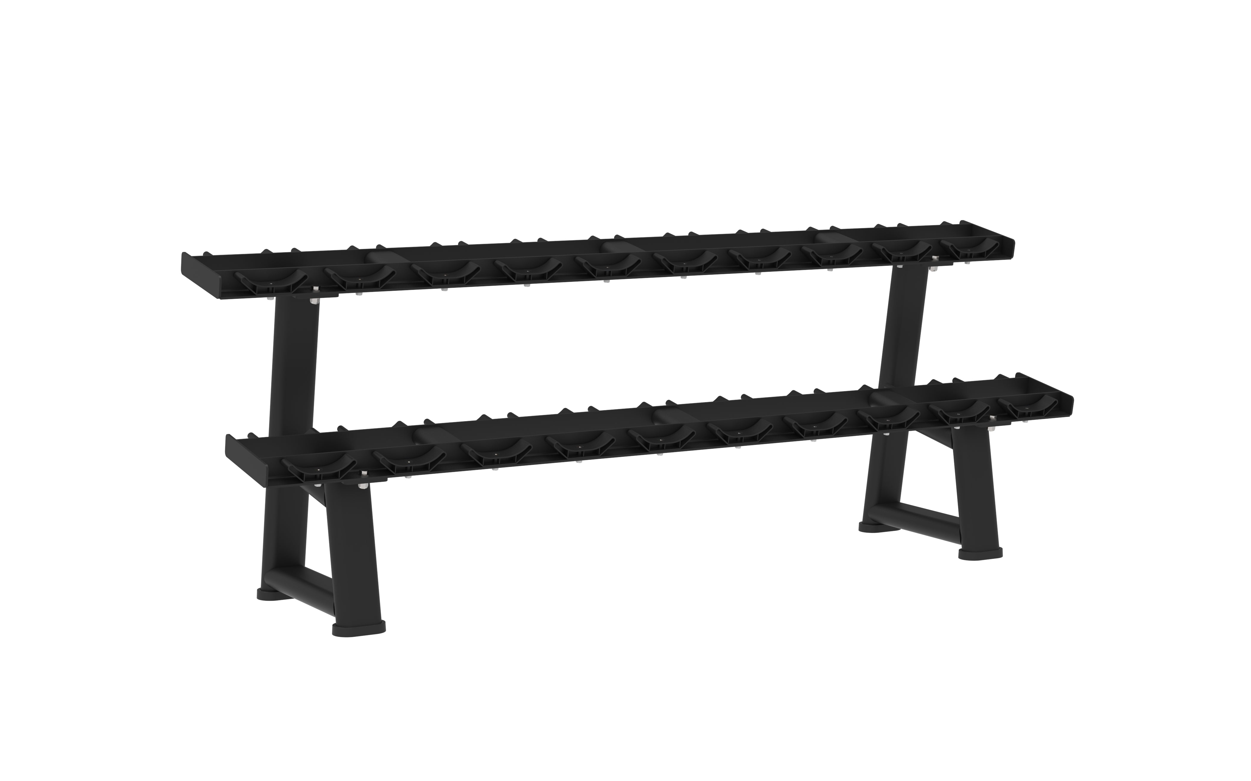 The BefitNow Canada Dumbbell Rack is a black, two-tier organizer with angled shelves and sturdy legs. Compact yet strong, it holds multiple dumbbells and boasts high weight capacity. Shown empty against a white background.