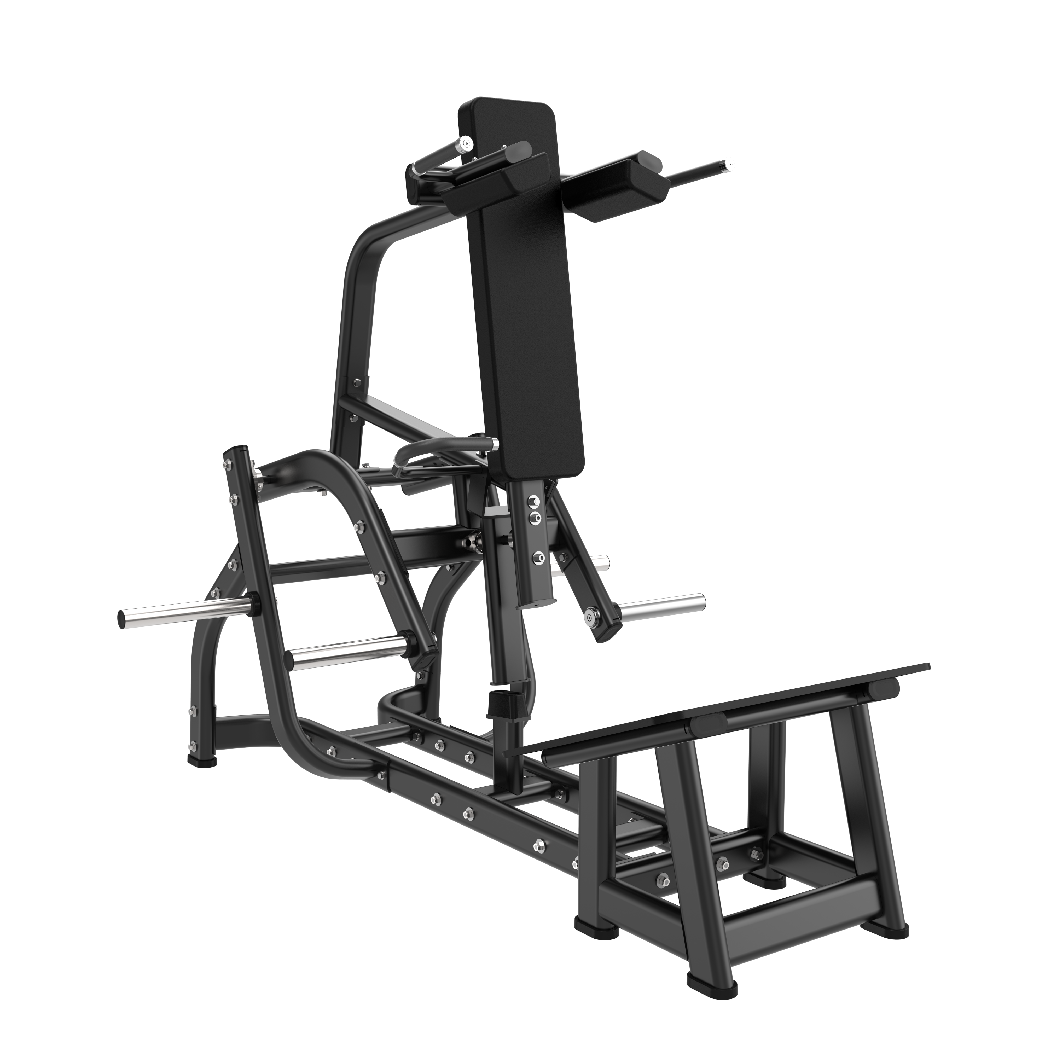 The BefitNow Canada V Squat is a black metal strength training machine for gyms, featuring padded shoulder rests, a foot platform, and dimensions of 86"x50"x72"; it weighs 463 lbs.