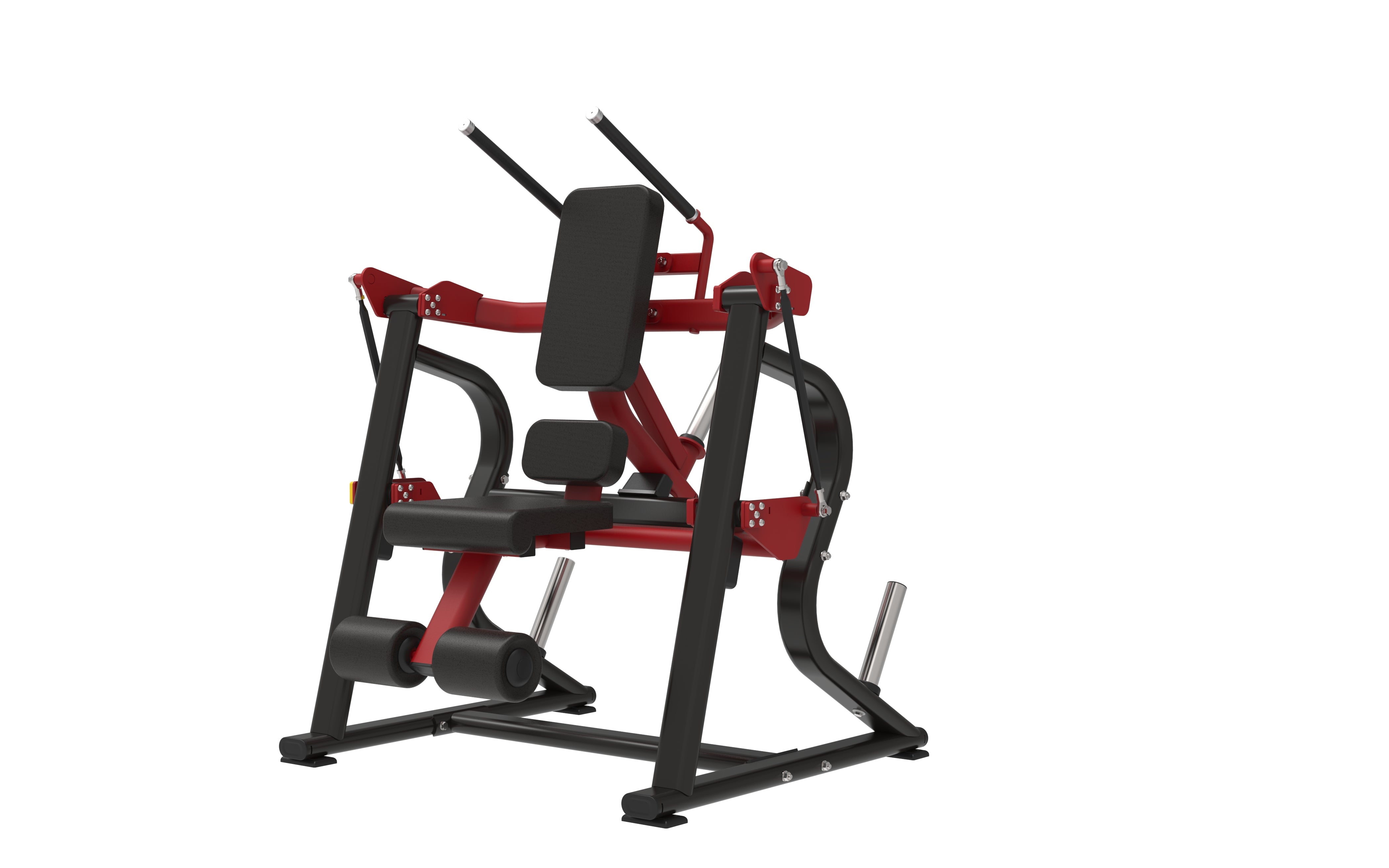 The BefitNow Canada Abdominal is a red and black gym machine with padded seat, backrest, arm handles, and foot rollers for upper body training. Compact size and weight make it ideal for customized workout spaces. Shown on a white background.