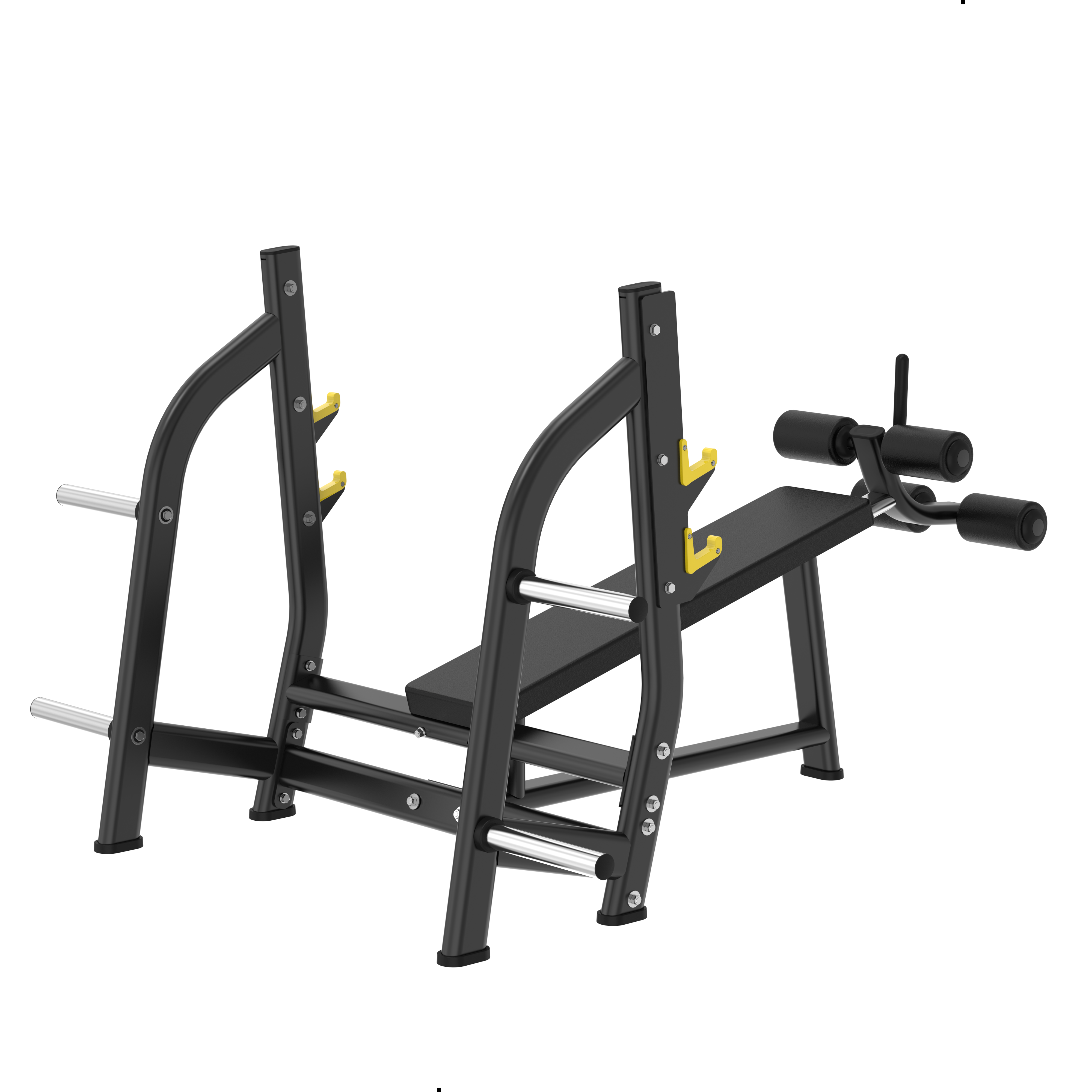 The BefitNow Canada Decline Bench is a black and yellow weight bench with padded seat, barbell holders, leg rollers, multiple plate storage pegs, total weight 198 lbs, and dimensions of 84"x74"x50", shown on a white background.