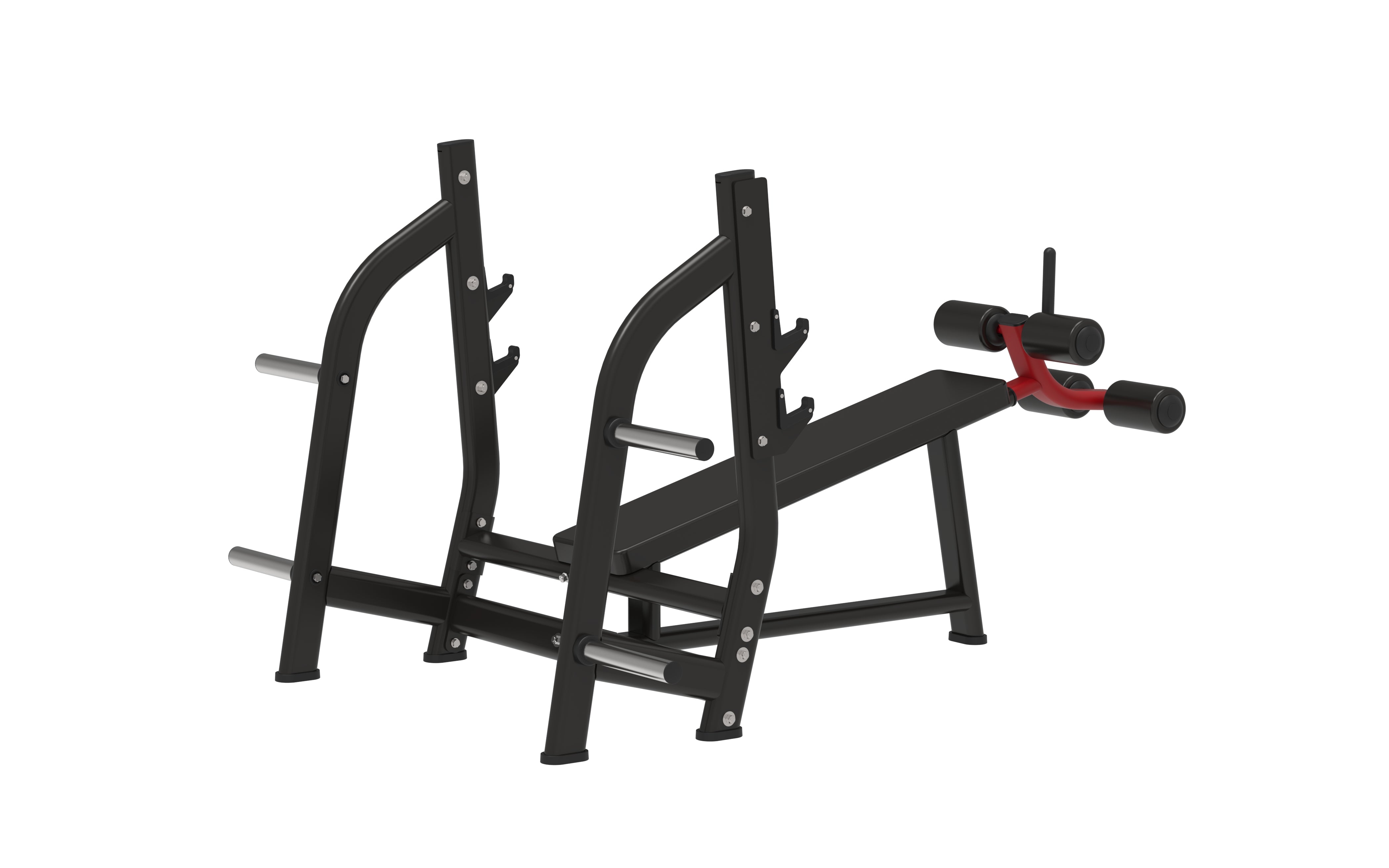 The BefitNow Canada Decline Bench features a black and red adjustable design with barbell supports and leg rollers, ideal for weightlifting and fitness. Its sleek, sturdy build is highlighted against a white background.