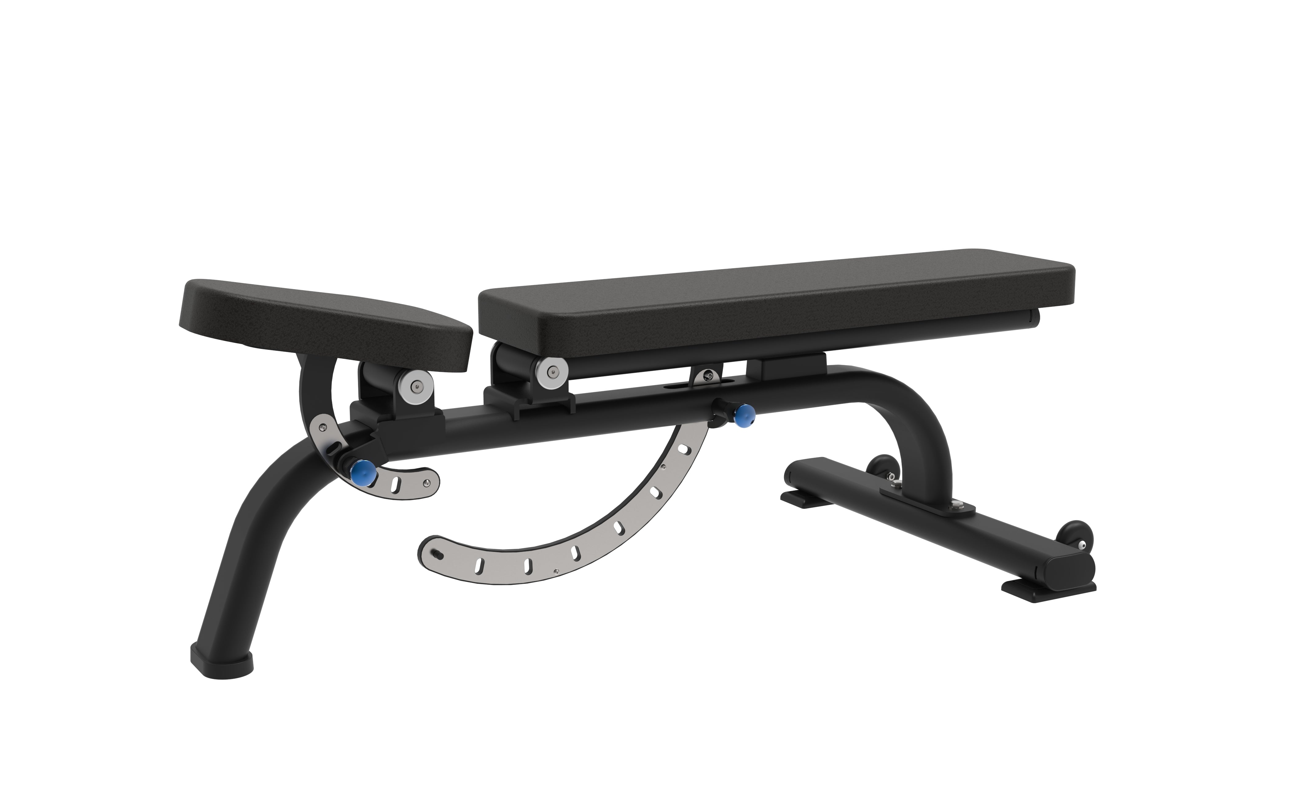 The BefitNow Canada Adjustable Bench has black padding, a sturdy metal frame, a curved adjustment mechanism with visible numbers, blue knobs for angle settings, compact dimensions, and a left-side leg attachment for versatility.