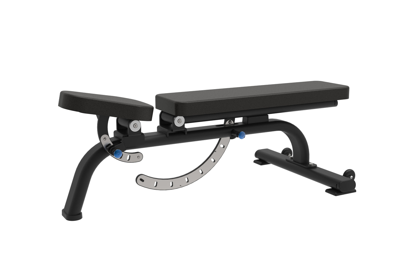 The BefitNow Canada Adjustable Bench has black padding, a sturdy metal frame, a curved adjustment mechanism with visible numbers, blue knobs for angle settings, compact dimensions, and a left-side leg attachment for versatility.