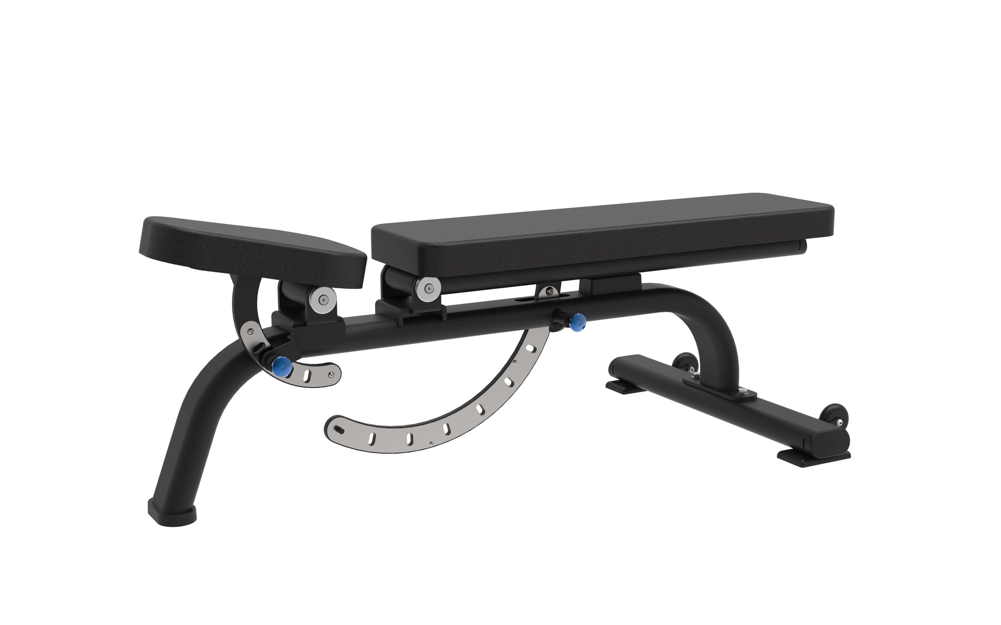 The BefitNow Canada Adjustable Bench has black padding, a sturdy metal frame, a curved adjustment mechanism with visible numbers, blue knobs for angle settings, compact dimensions, and a left-side leg attachment for versatility.