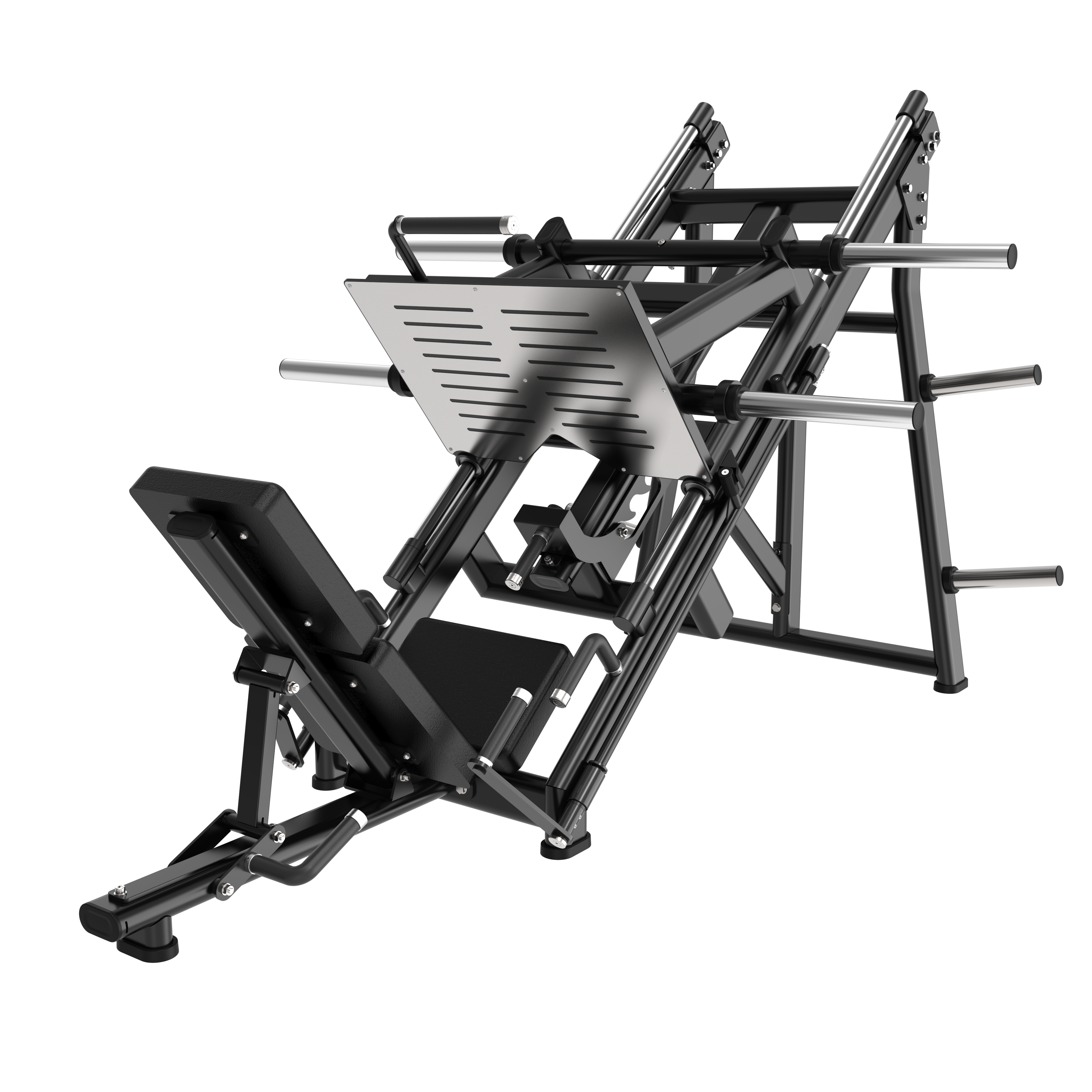 The BefitNow Canada 45 Degree Leg Press Machine, in black and silver, features an angled backrest, footplate, multiple weight pegs, weighs 573lbs, measures 94"x63"x58", and is designed for gym lower body strength training.