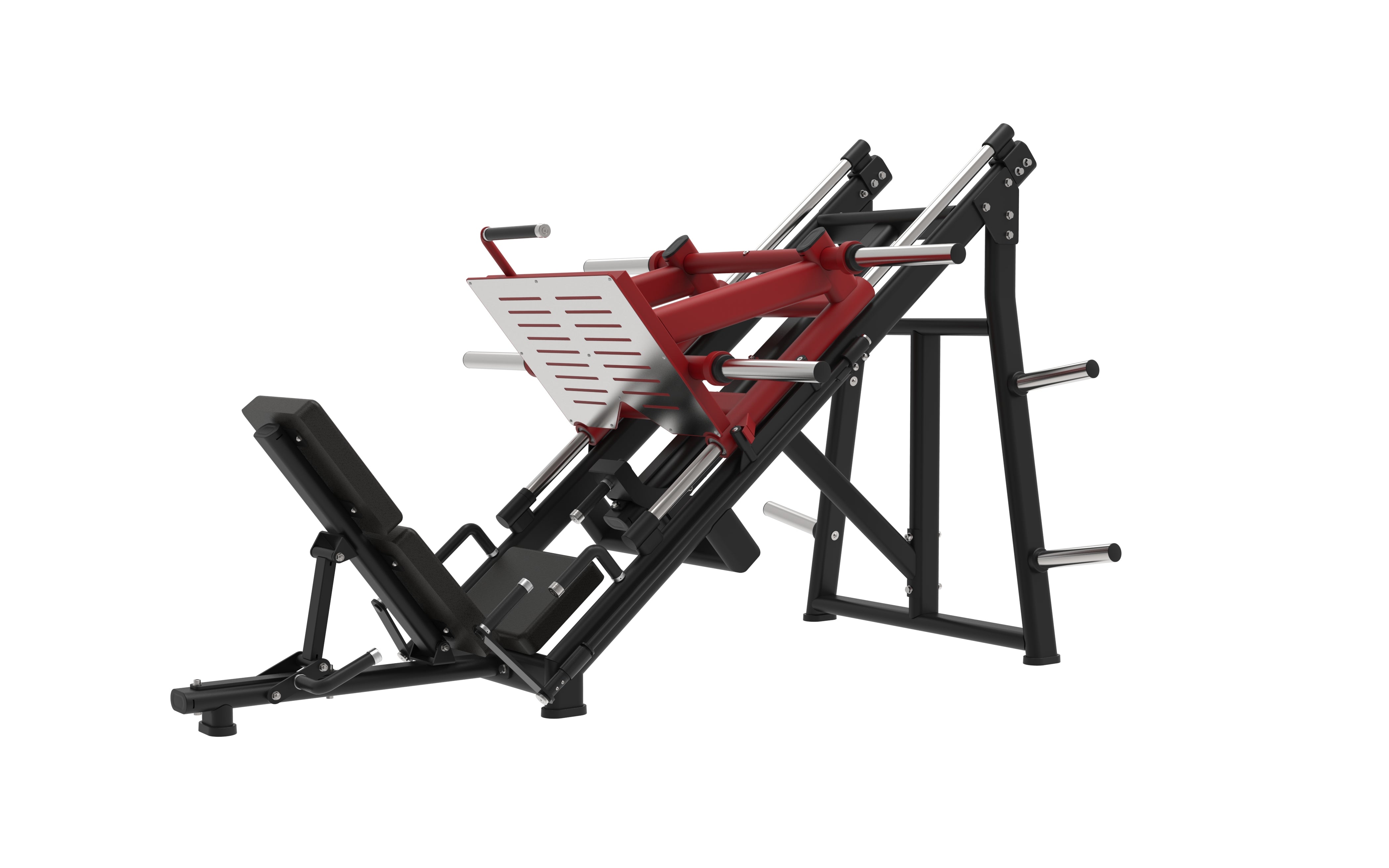 The BefitNow Canada 45 Degree Leg Press Machine boasts a sleek black and red frame, angled backrest, footplate, and side weight holders. Perfect for strength training, its essential for gyms looking to help users build lower body power.