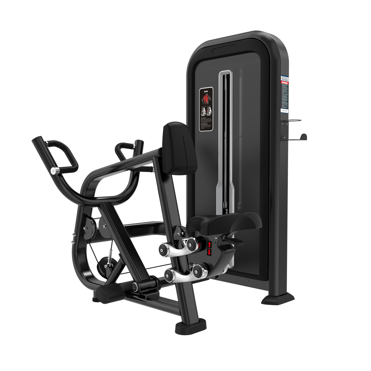 The BefitNow Canada Rowing Machine features a black design with padded seat, chest support, handlebars, military-grade cables, commercial weight stacks, and an instructional display for effective strength training.