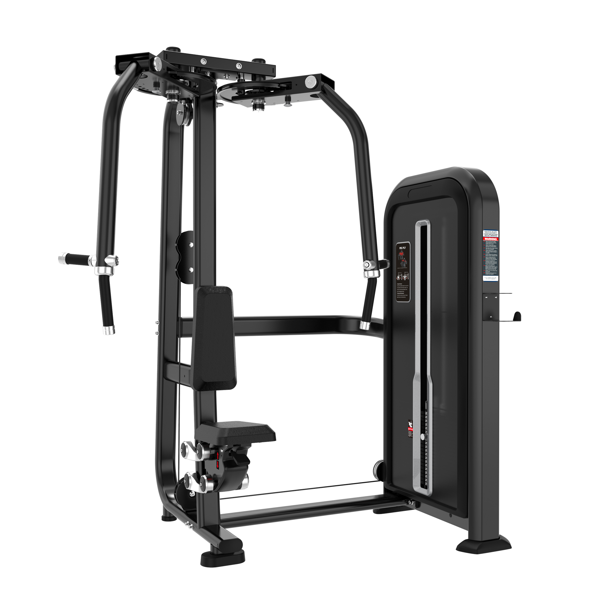 The BefitNow Canada Pec Fly is a black machine with padded seat, backrest, dual arms, and weight stack, designed for effective chest workouts and strength training in gyms.