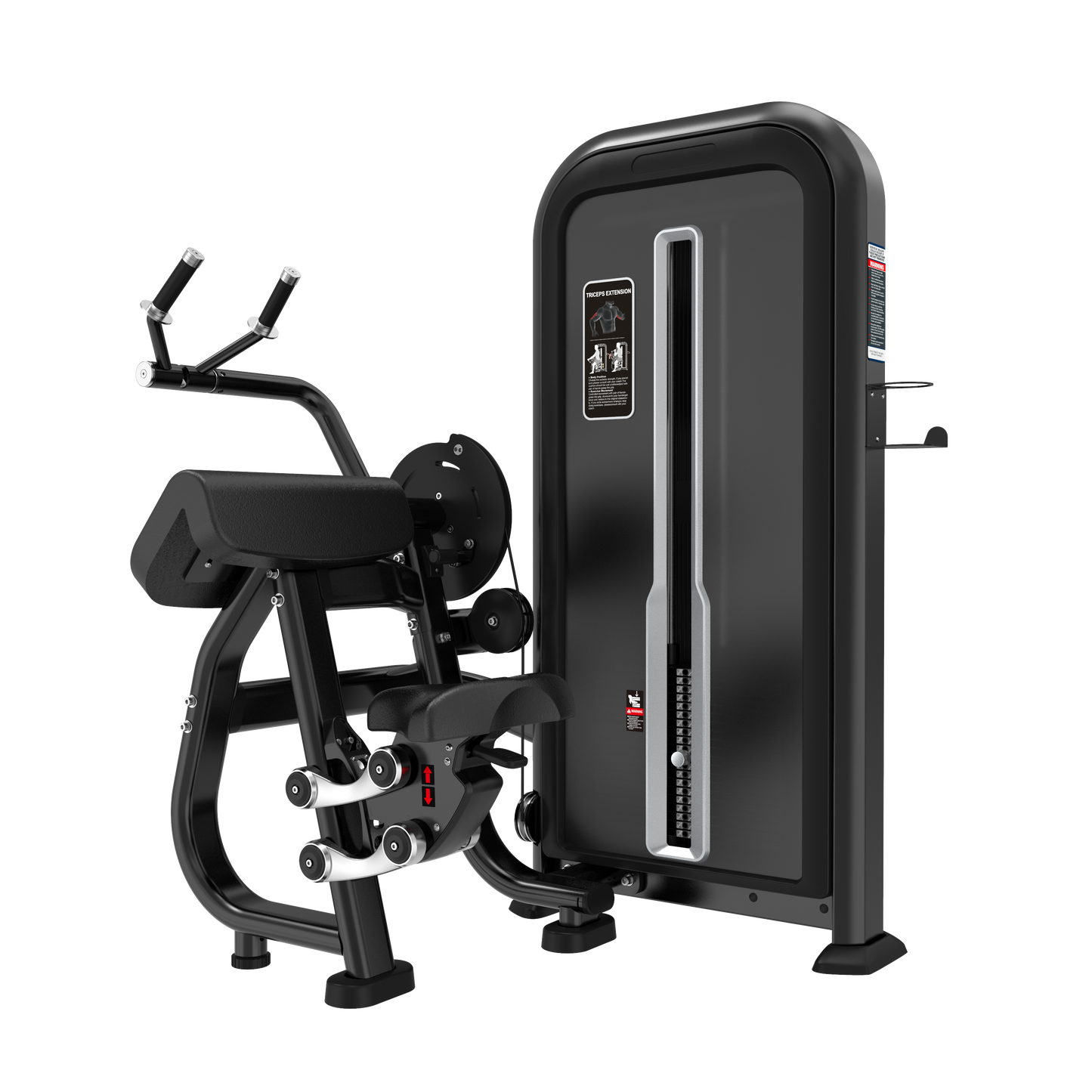 A black and silver BefitNow Canada Triceps Press with padded armrests, adjustment knobs, handlebars, and a weight stack in a rectangular case. Designed for strength training in gyms; compact size allows easy placement.