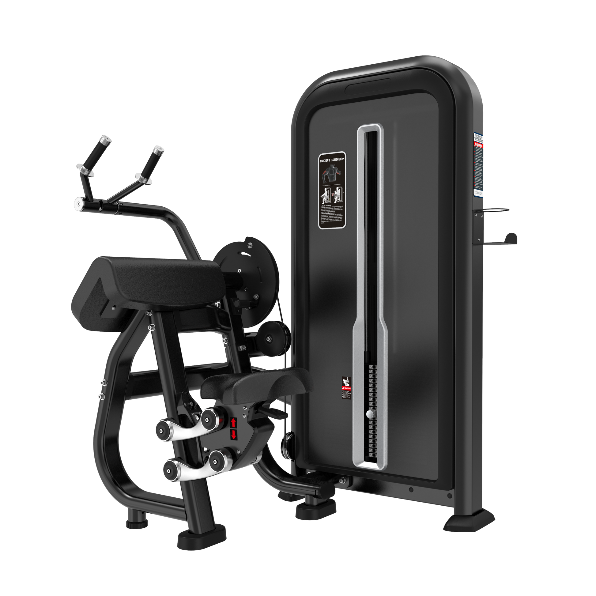 A black and silver BefitNow Canada Triceps Press with padded armrests, adjustment knobs, handlebars, and a weight stack in a rectangular case. Designed for strength training in gyms; compact size allows easy placement.