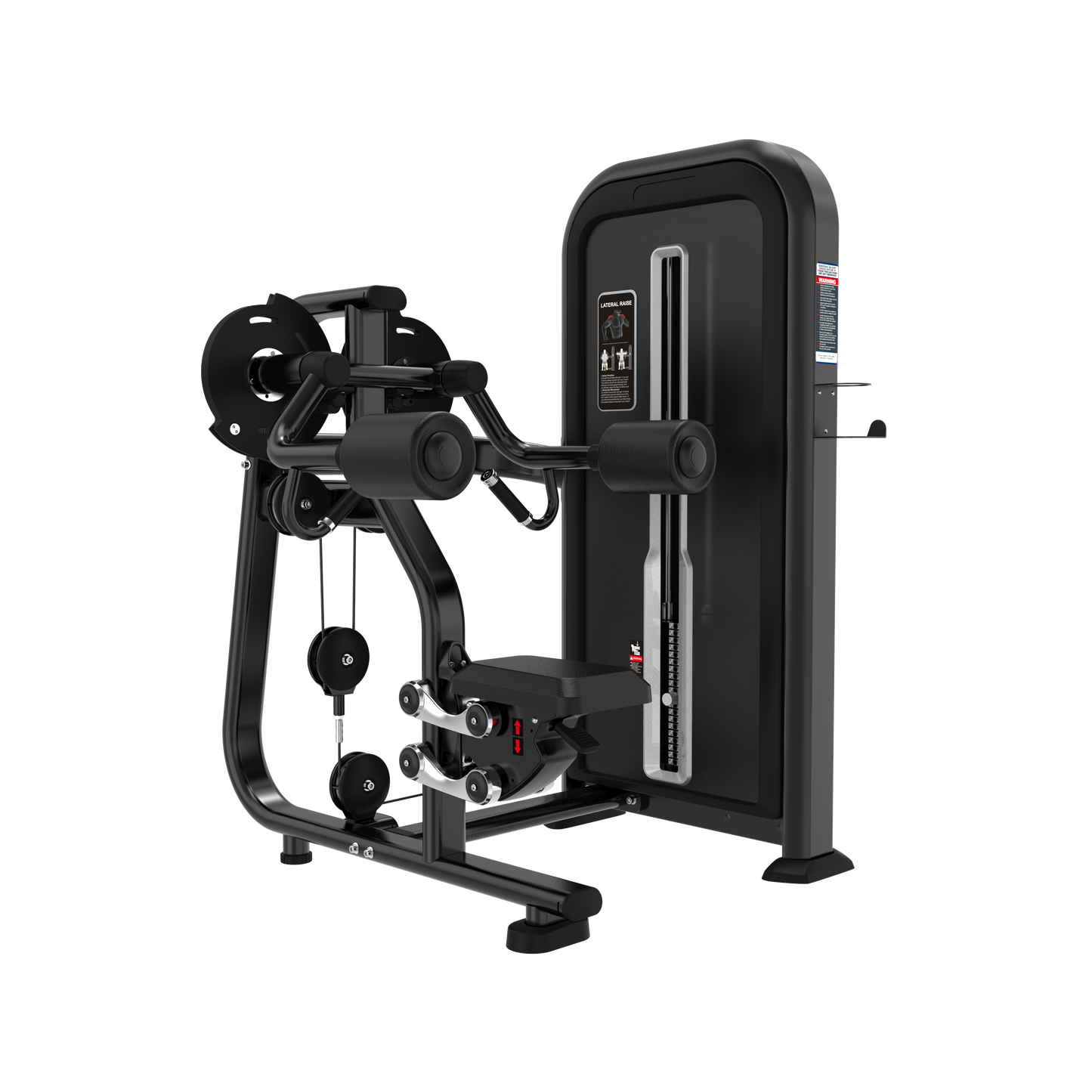 The BefitNow Canada Lateral Raise is a black strength training machine with padded arm rests, adjustable seat, weight stack system, pulleys, and instructional diagrams on the front panel.