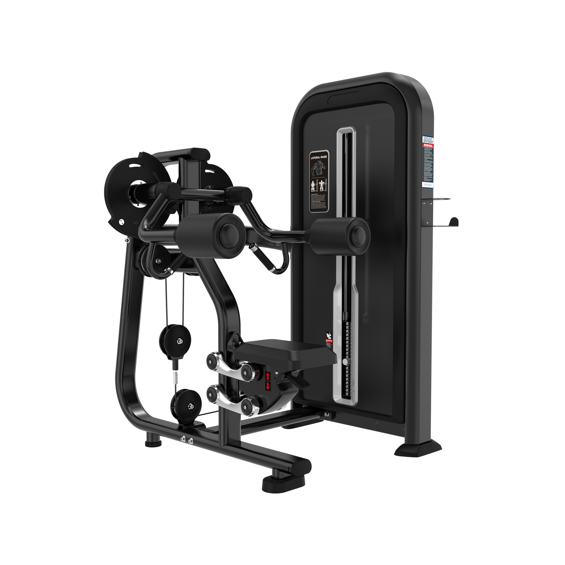 The BefitNow Canada Lateral Raise is a black strength training machine with padded arm rests, adjustable seat, weight stack system, pulleys, and instructional diagrams on the front panel.