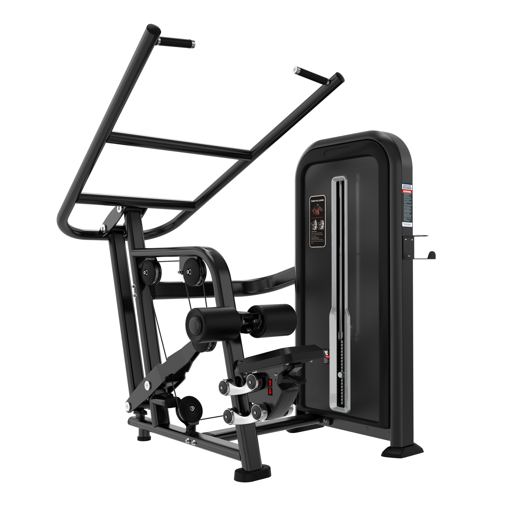 The BefitNow Canada Lat Pull Down is a black, plate-loaded gym machine with padded seat, footrests, vertical weight stack, and angled handles for upper body workouts. Its compact, modern design is isolated on a white background.